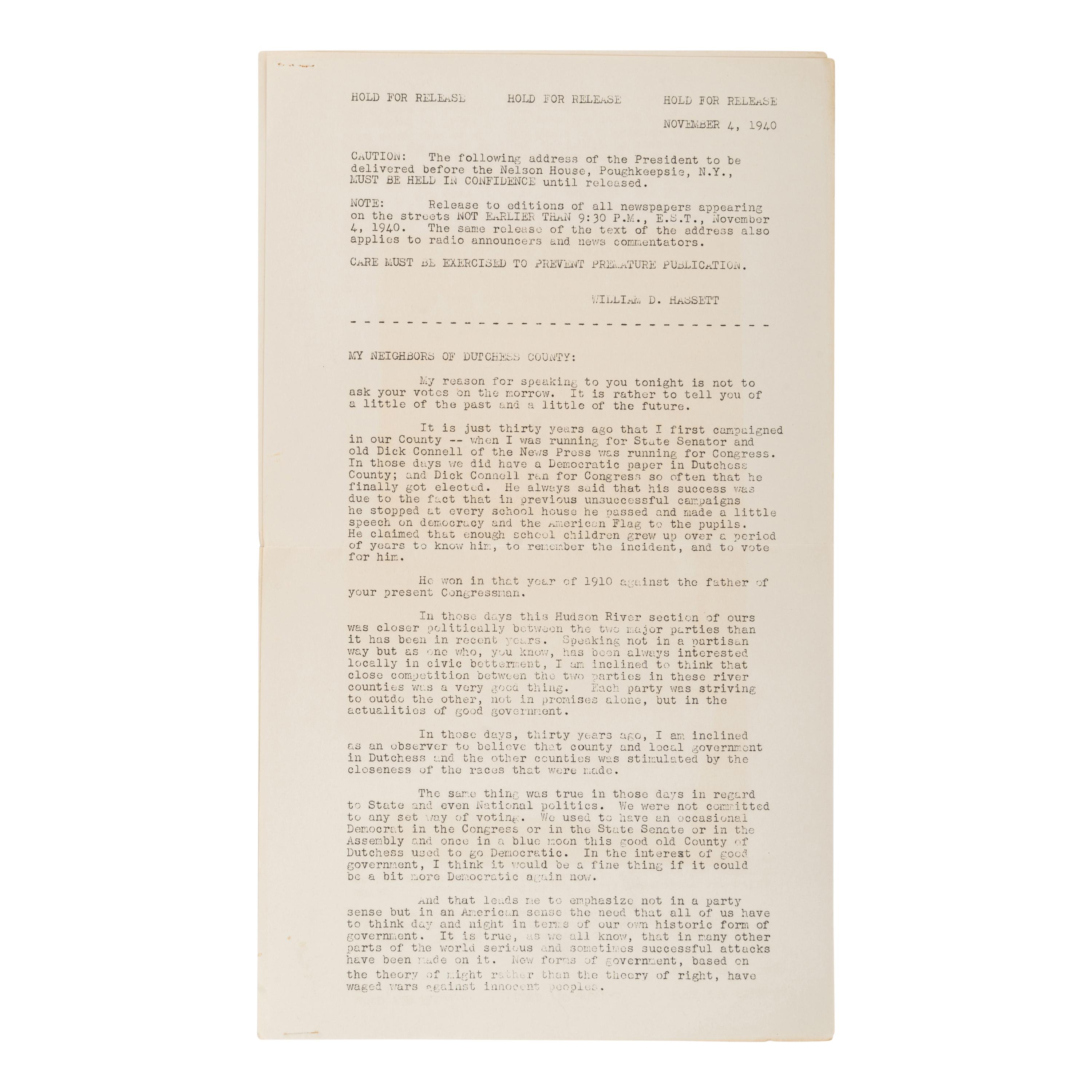 [WWII]. A small archive of official White House documents from the files of White House secretary Myrtle Bergheim, relating to the attack on Pearl Harbor and other pre- and postwar events, comprising: