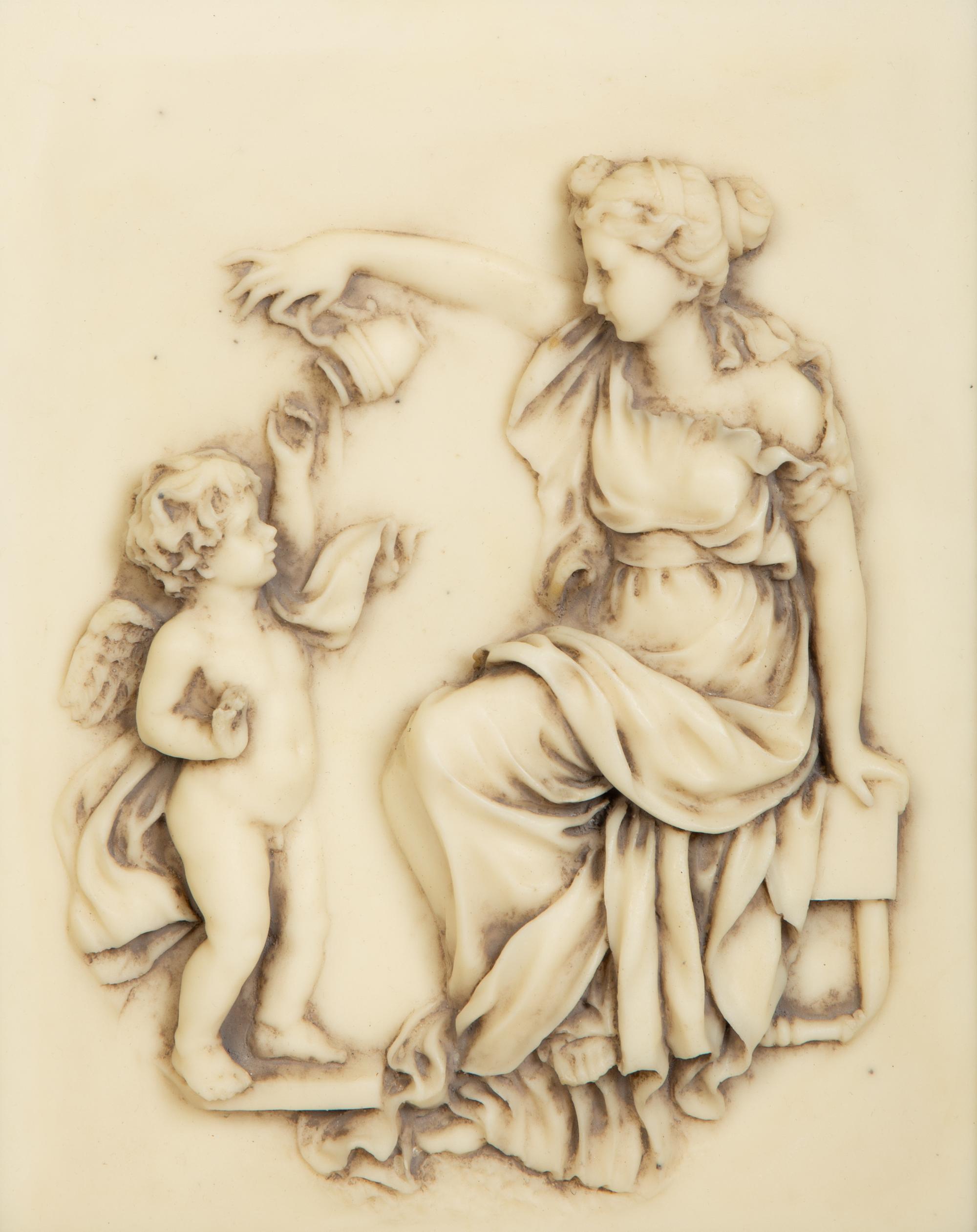 Four Faux Marble Resin Bas Relief Panels of Putti and Classical Figures