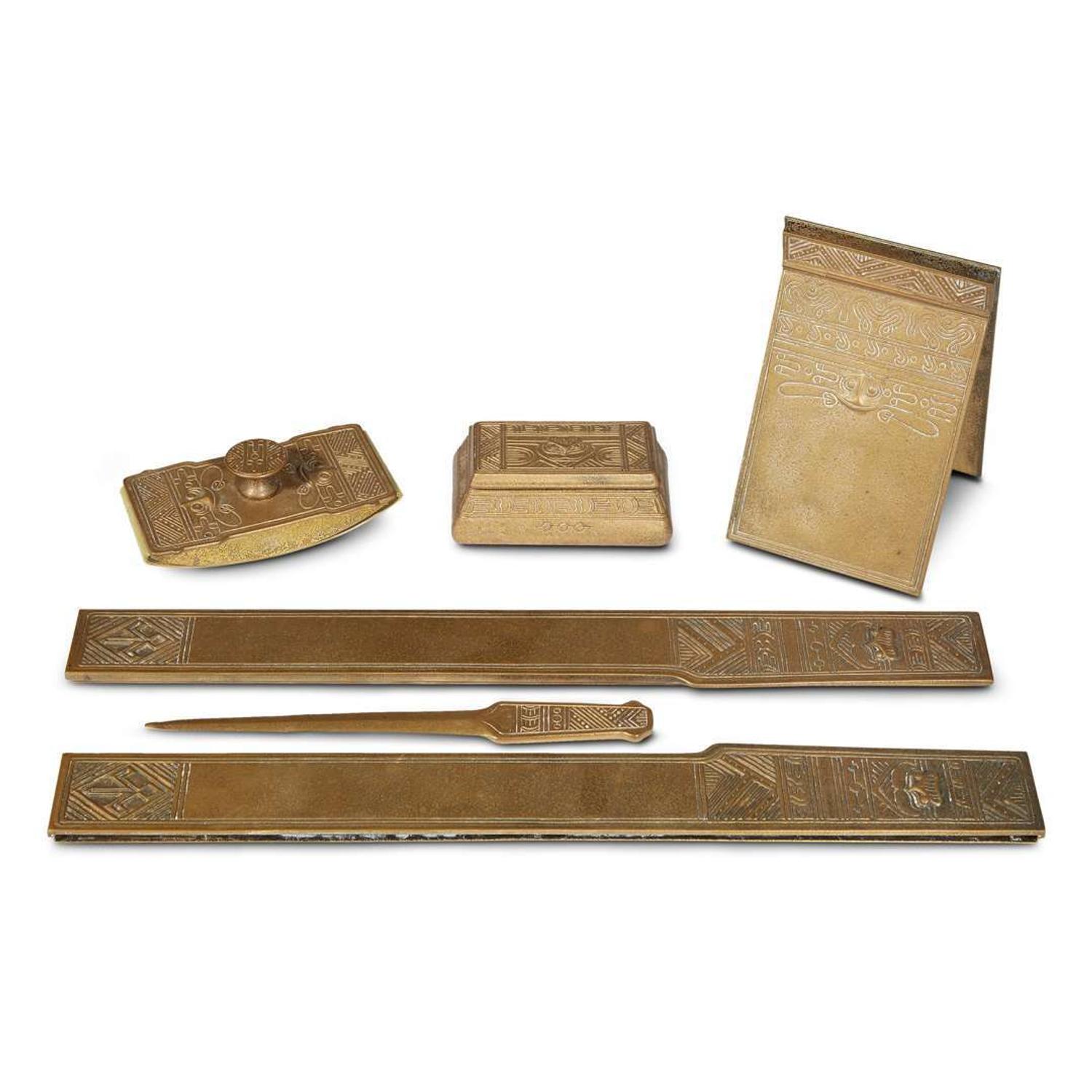 Six-piece bronze "American Indian" pattern desk set Tiffany Studios, New York, NY, circa 1900