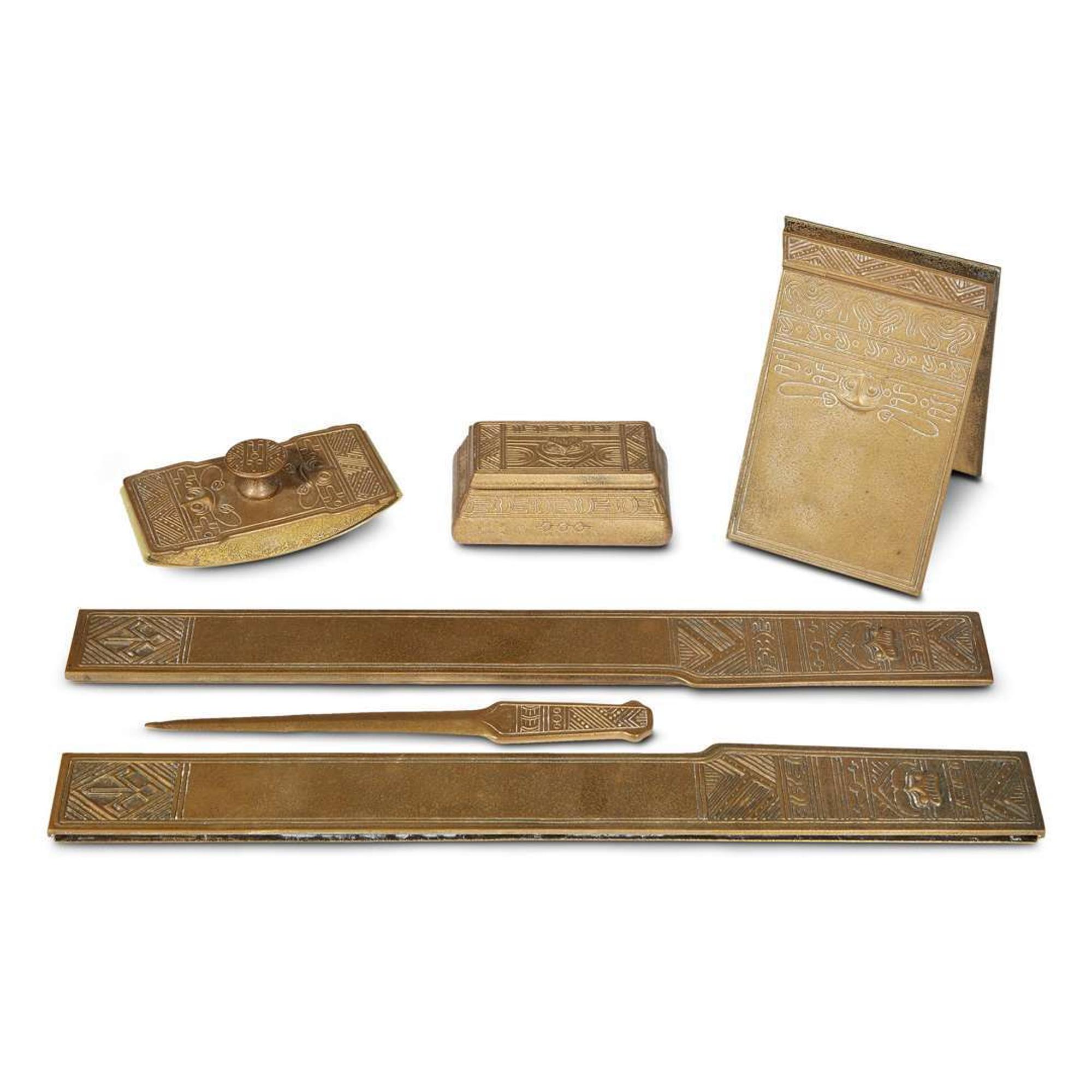 Six-piece bronze "American Indian" pattern desk set Tiffany Studios, New York, NY, circa 1900