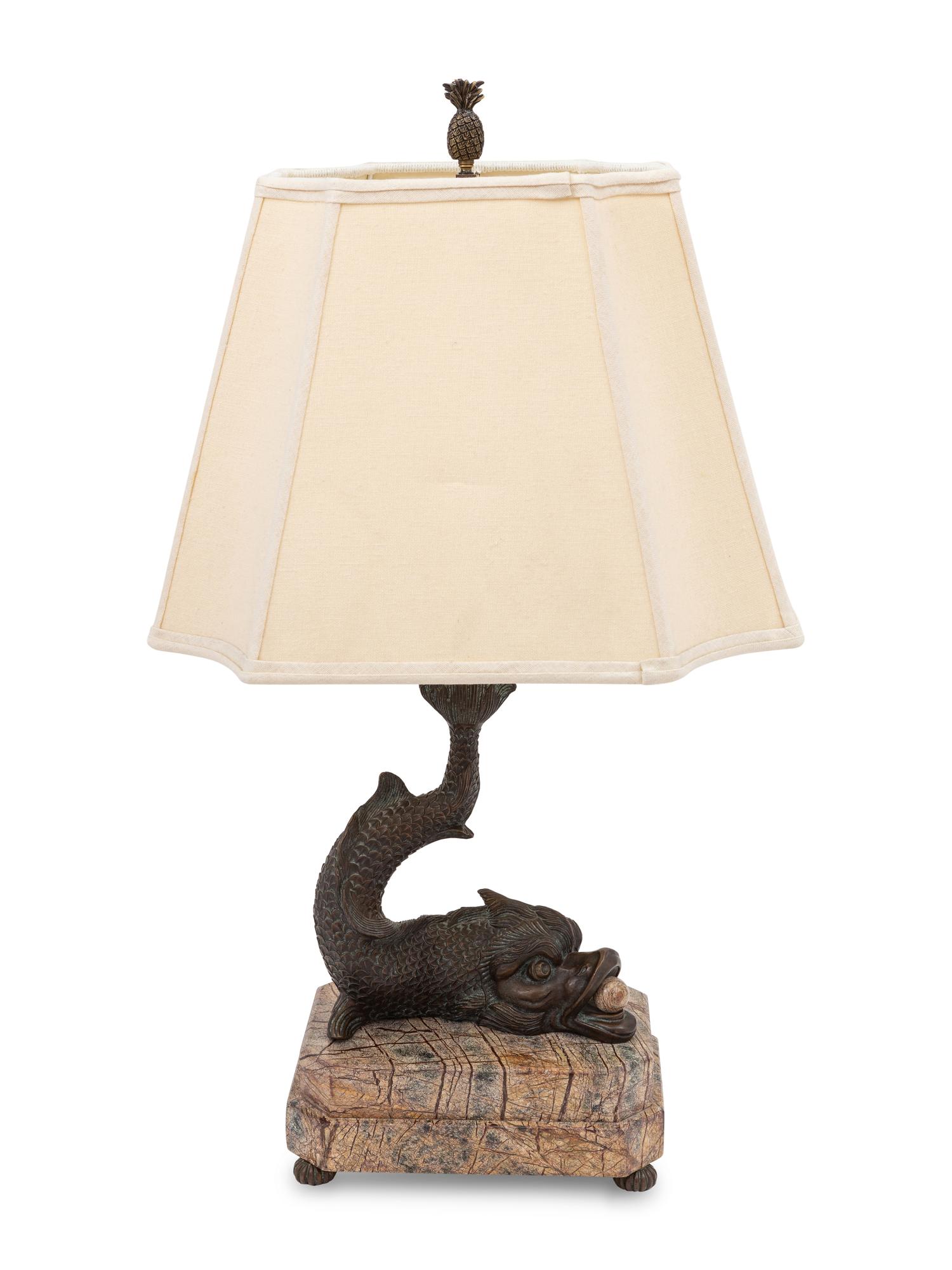 A Bronze and Marble Dolphin-Form Table Lamp