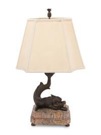 A Bronze and Marble Dolphin-Form Table Lamp