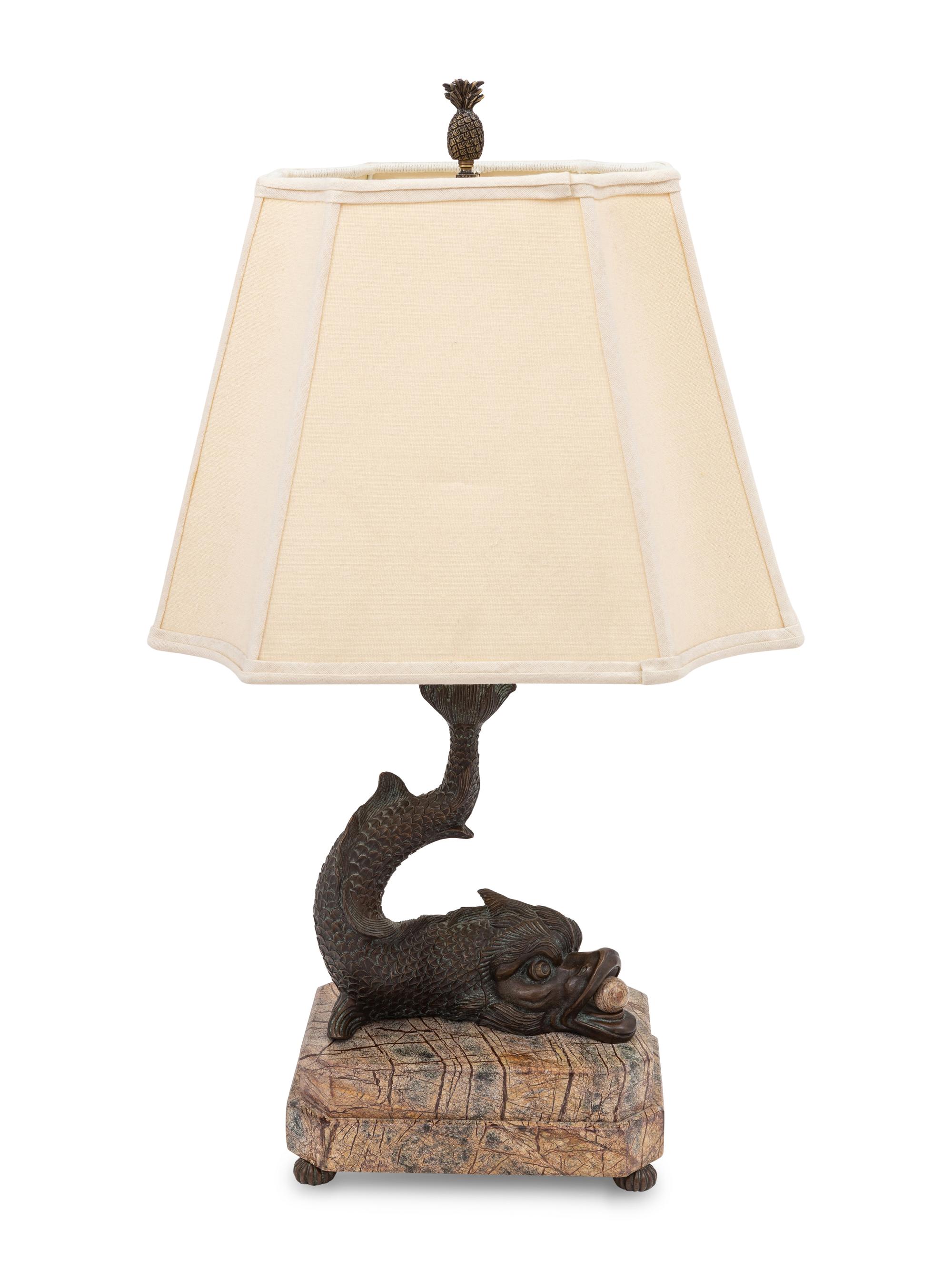 A Bronze and Marble Dolphin-Form Table Lamp