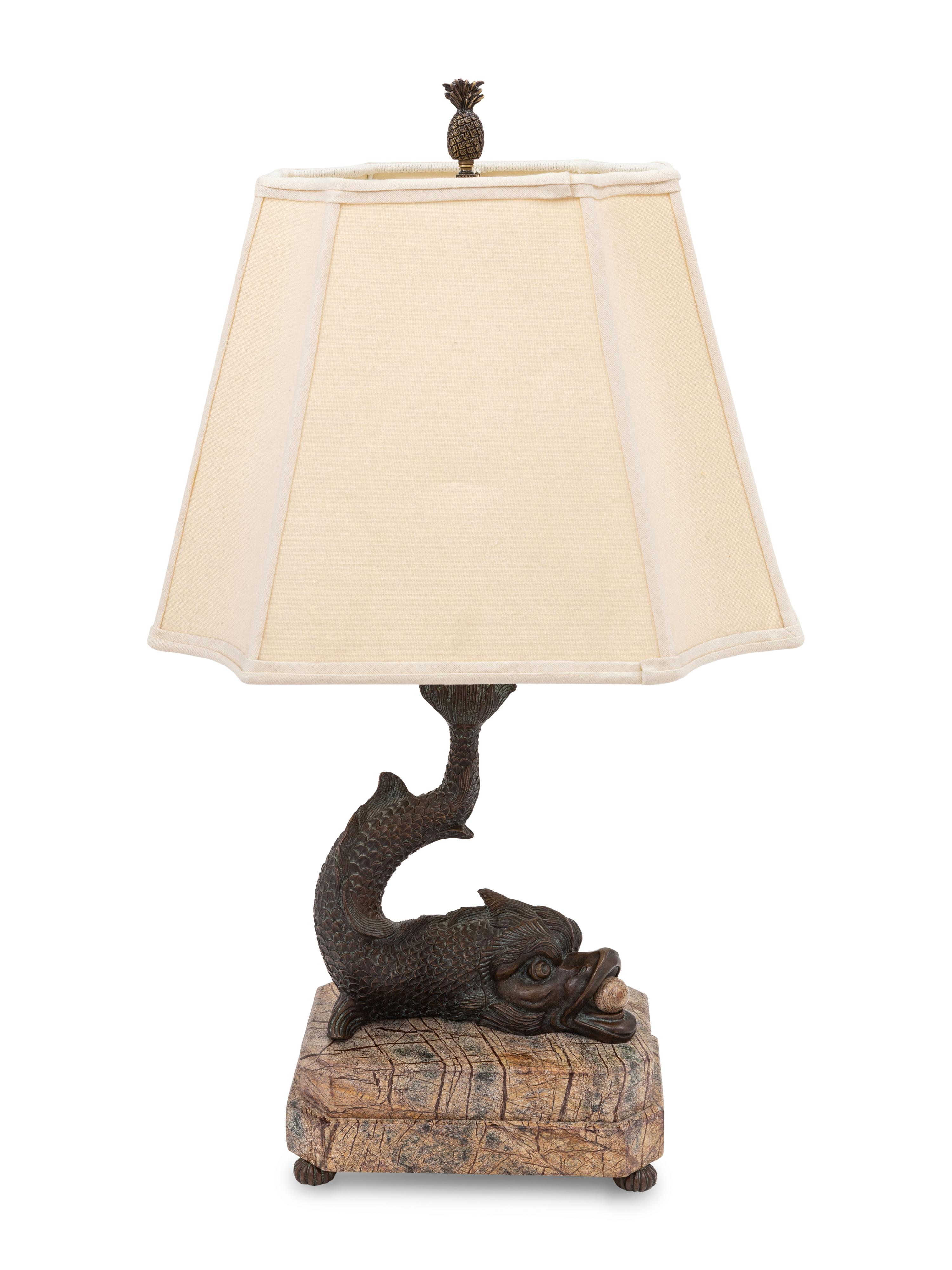 A Bronze and Marble Dolphin-Form Table Lamp