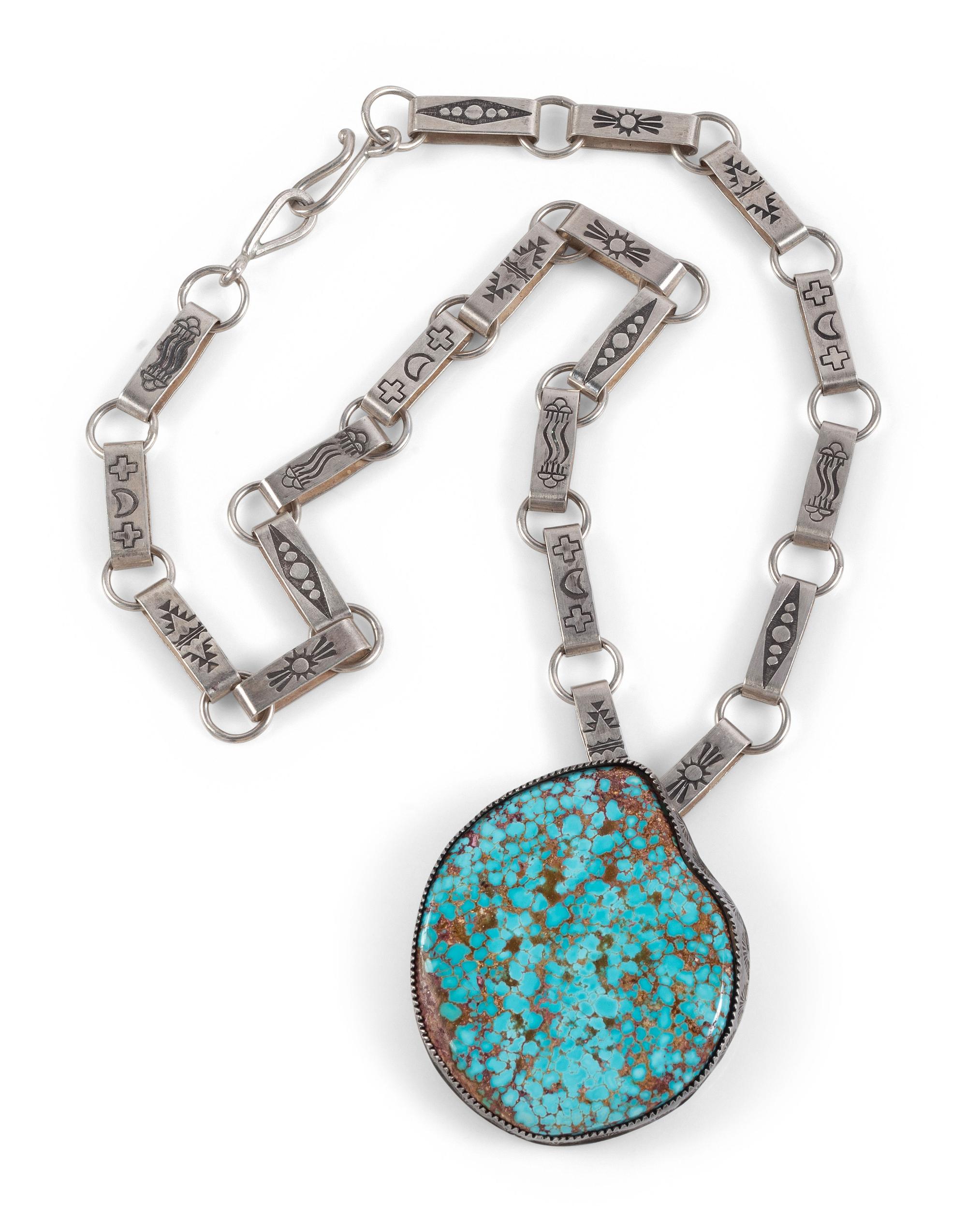 Sterling Silver and #8 Turquoise Necklace, with Stamped Chain