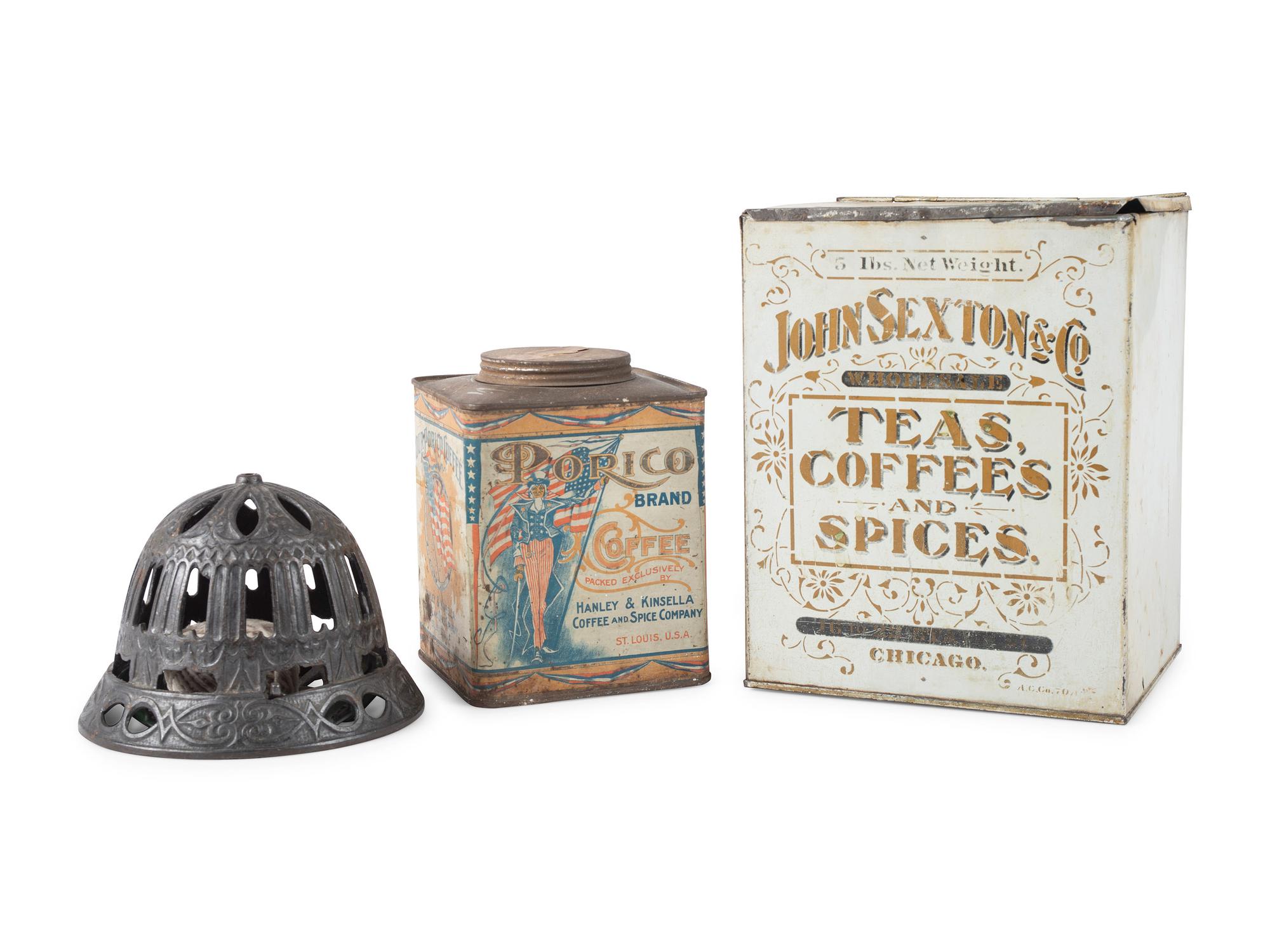 A Cast Iron String Holder and Two Advertising Tins