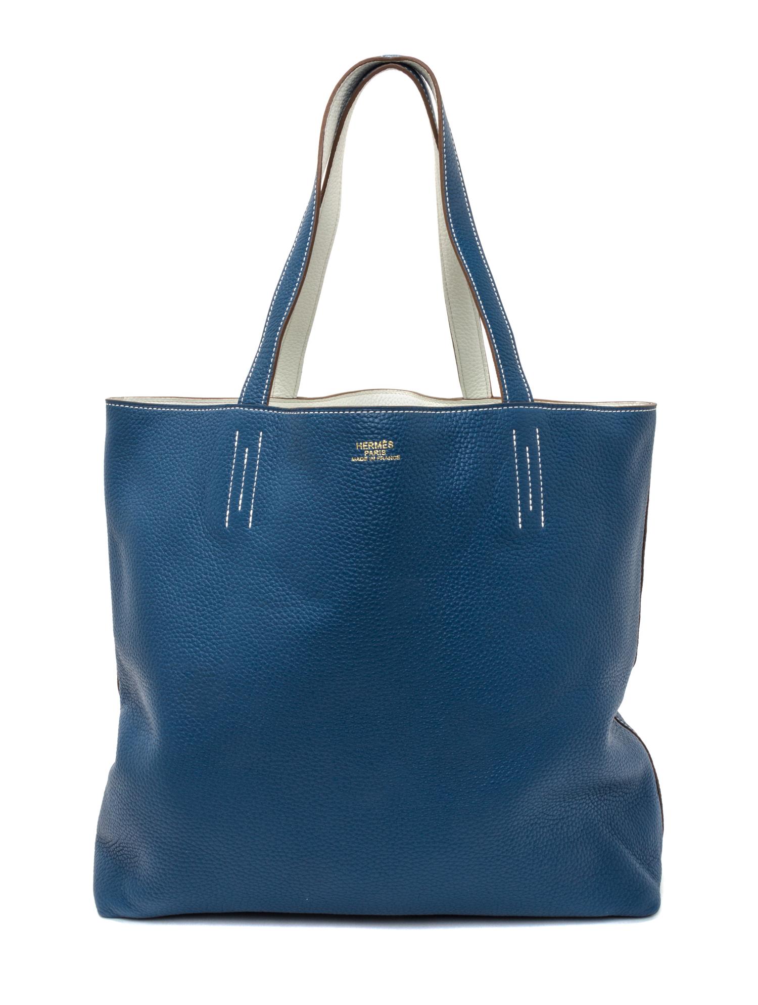 An Hermes Blanc/Bleu 45cm Taurillon Clemence Double Sens Tote, 17.5" x 15.5" x 5".