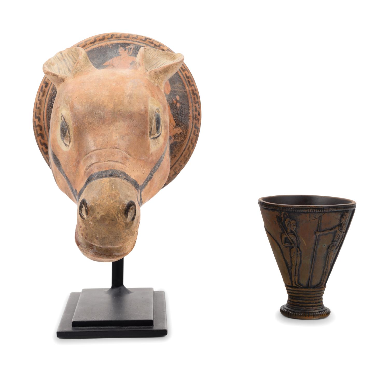 A Red-Figured Mule Head Rhyton after the Antique and a Minoan Style Bronze Goblet