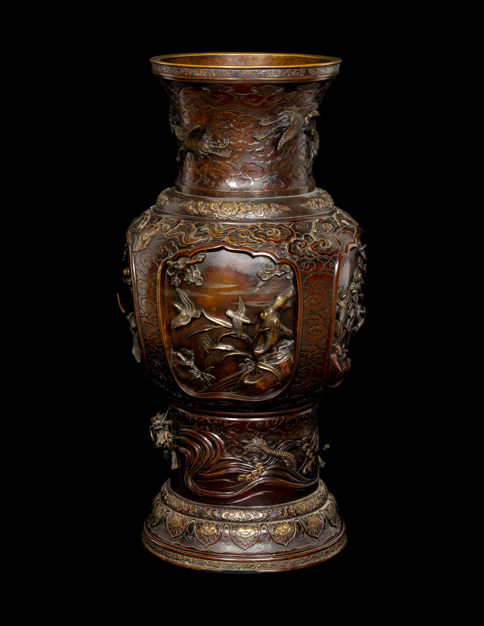 A Japanese Bronze and Mixed-Metal Floor Vase