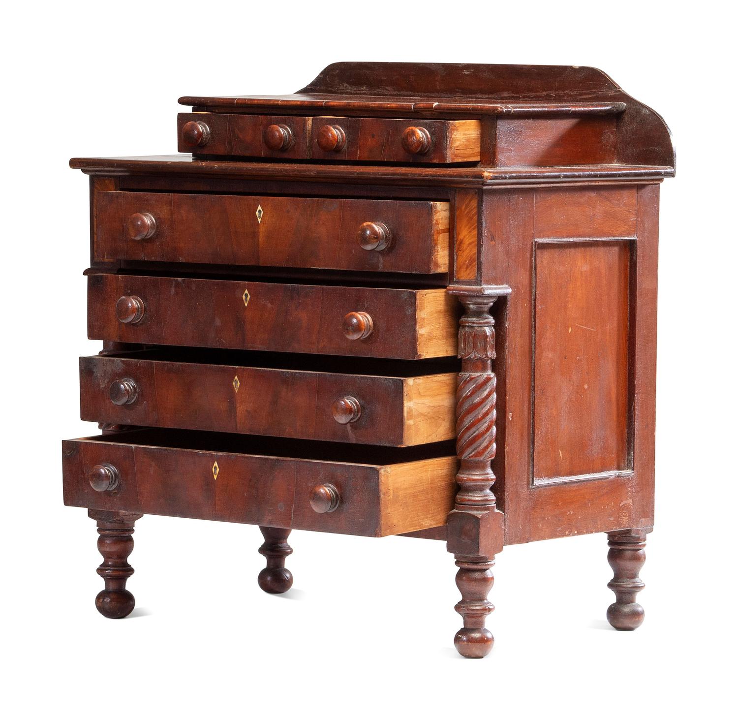 A Classical Diminutive Walnut and Birch Veneered Chest of Drawers, 19th Century