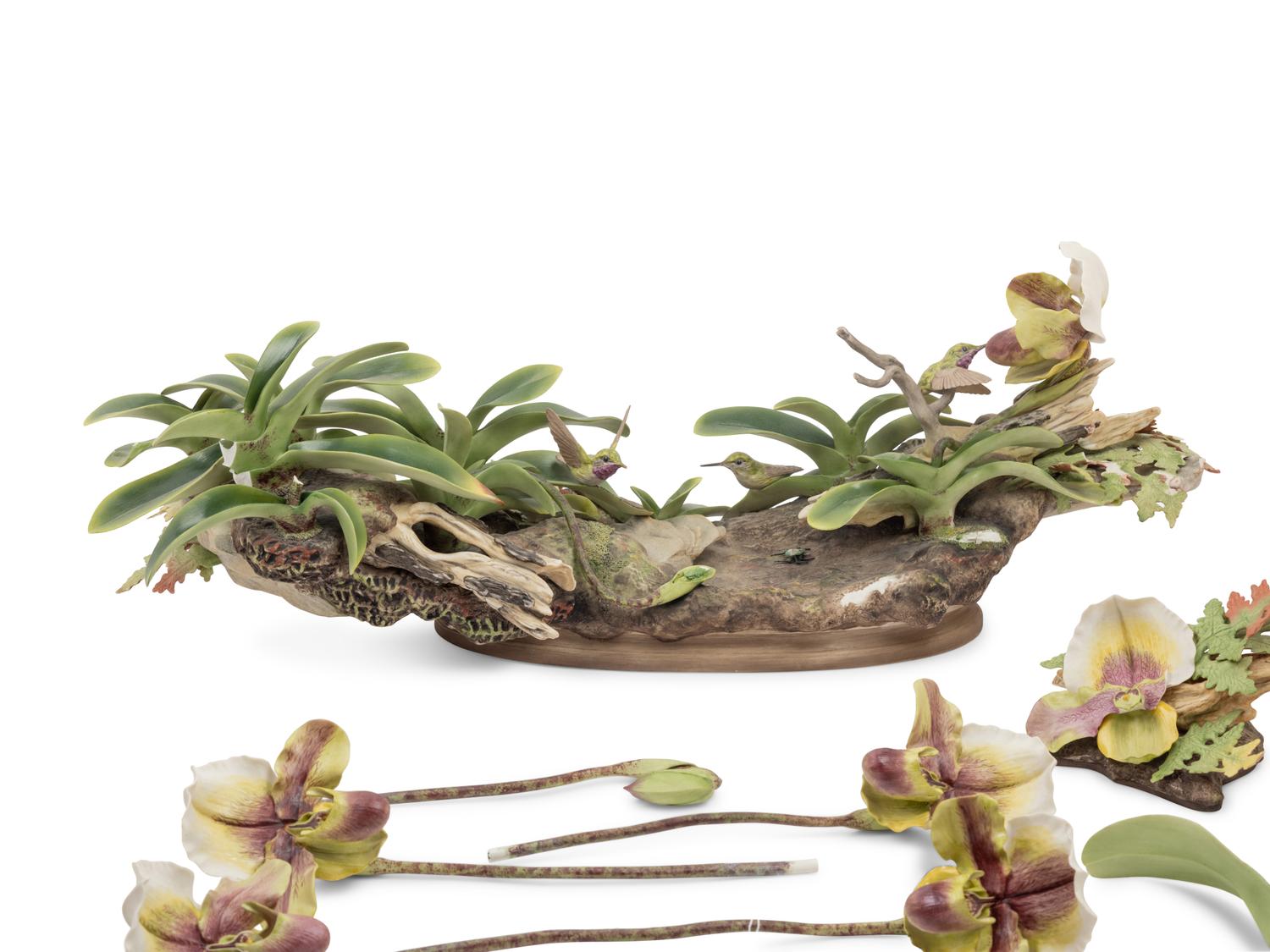 A Boehm Porcelain Orchid and Hummingbird Centerpiece
