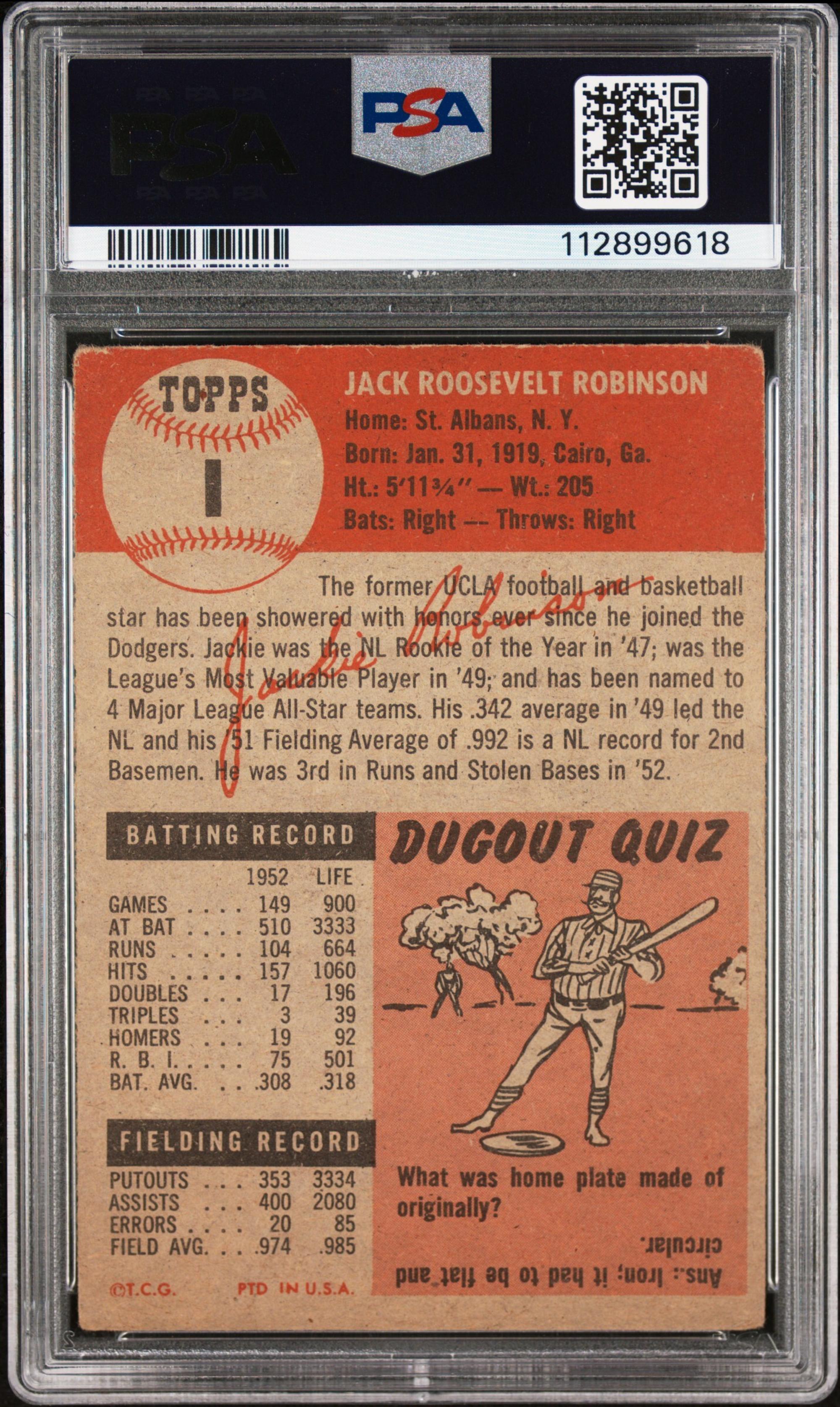 A 1953 Topps Jackie Robinson Baseball Card No. 1 (PSA 2 GOOD)