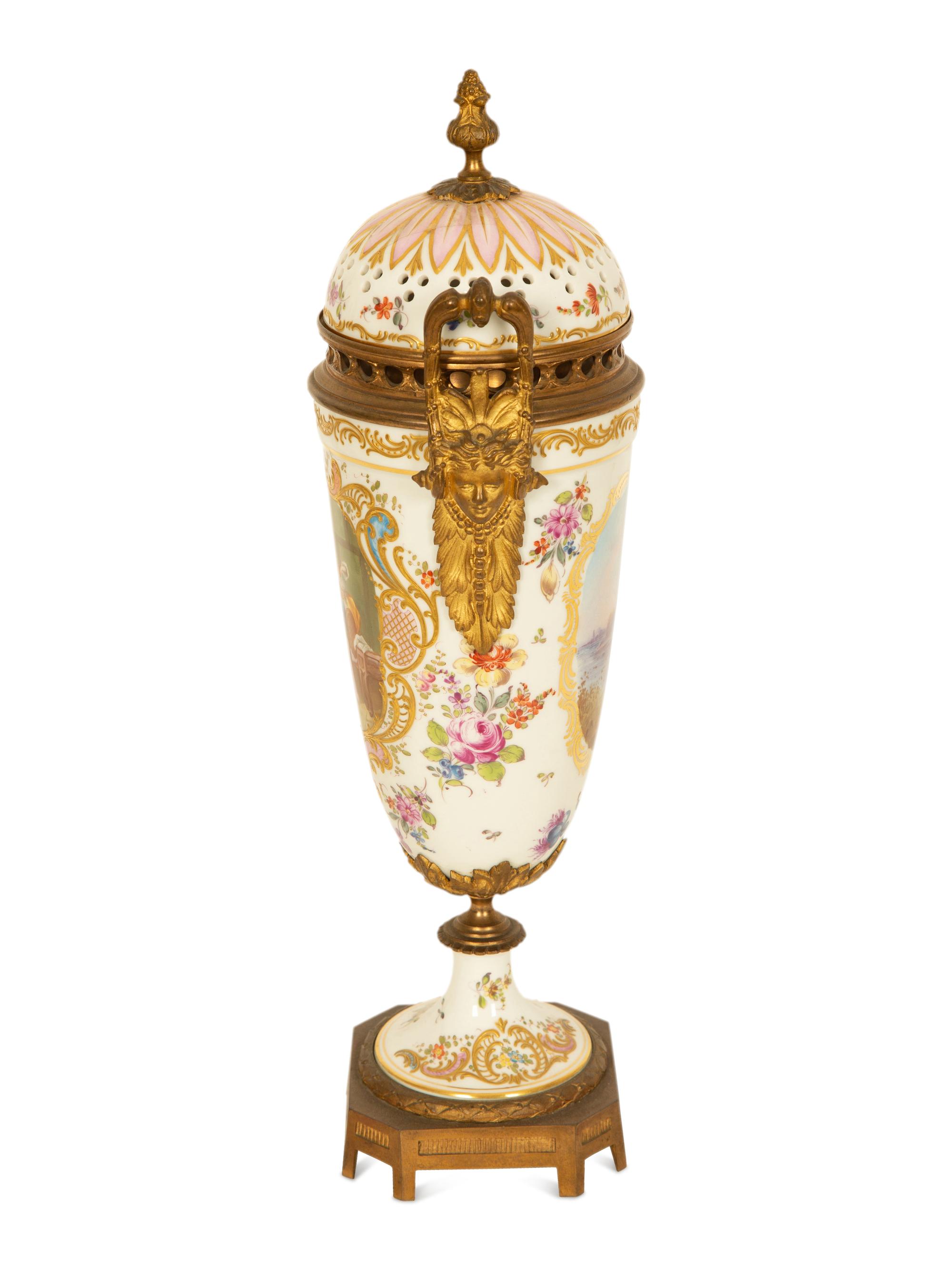 A Sevres Style Gilt Metal Mounted Porcelain Urn