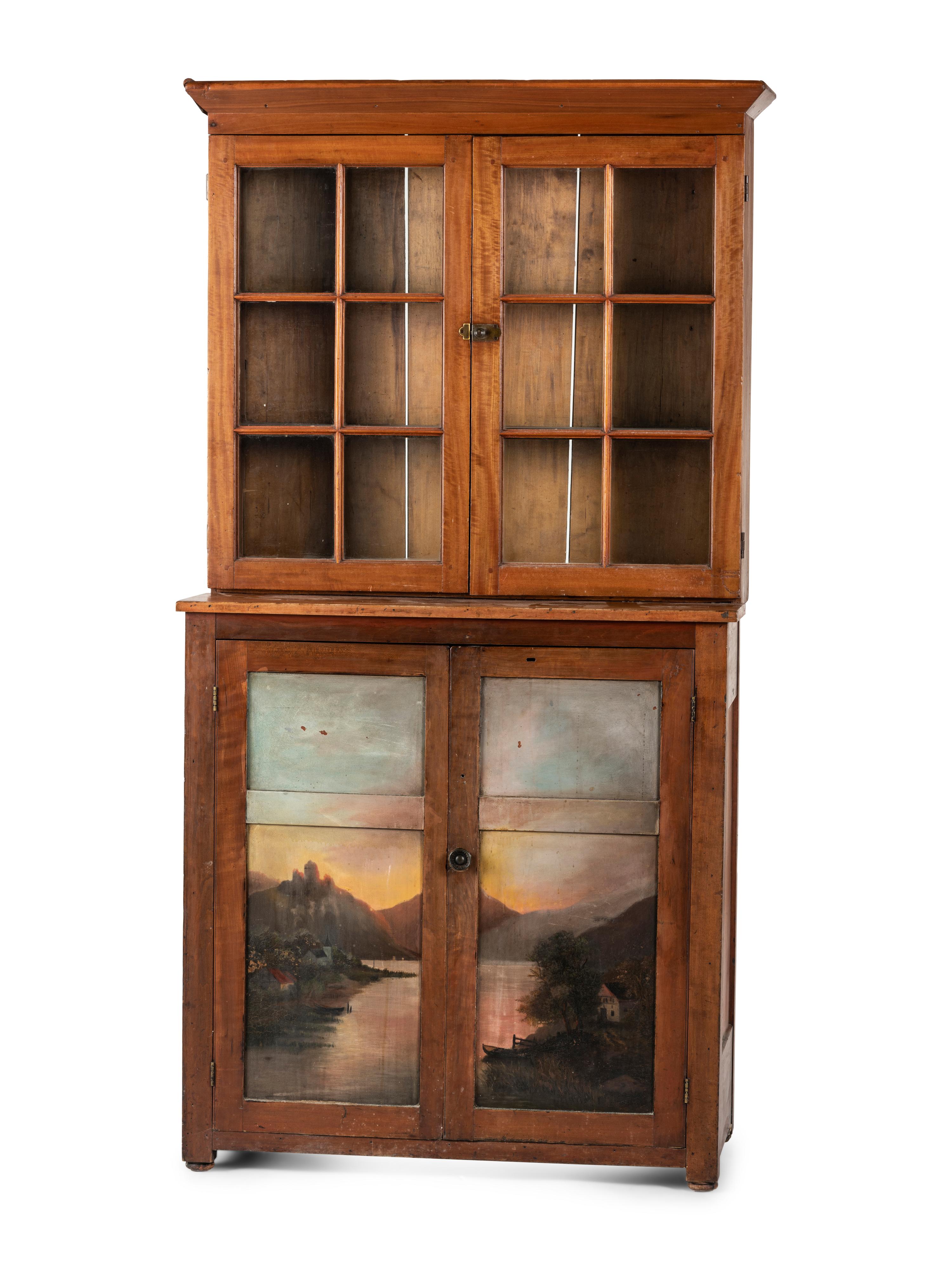 A Paint Decorated Cherry Step-Back Cupboard