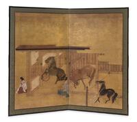 A Japanese Two-Panel Screen each panel 65 1/2 x 37 1/2 inches.
