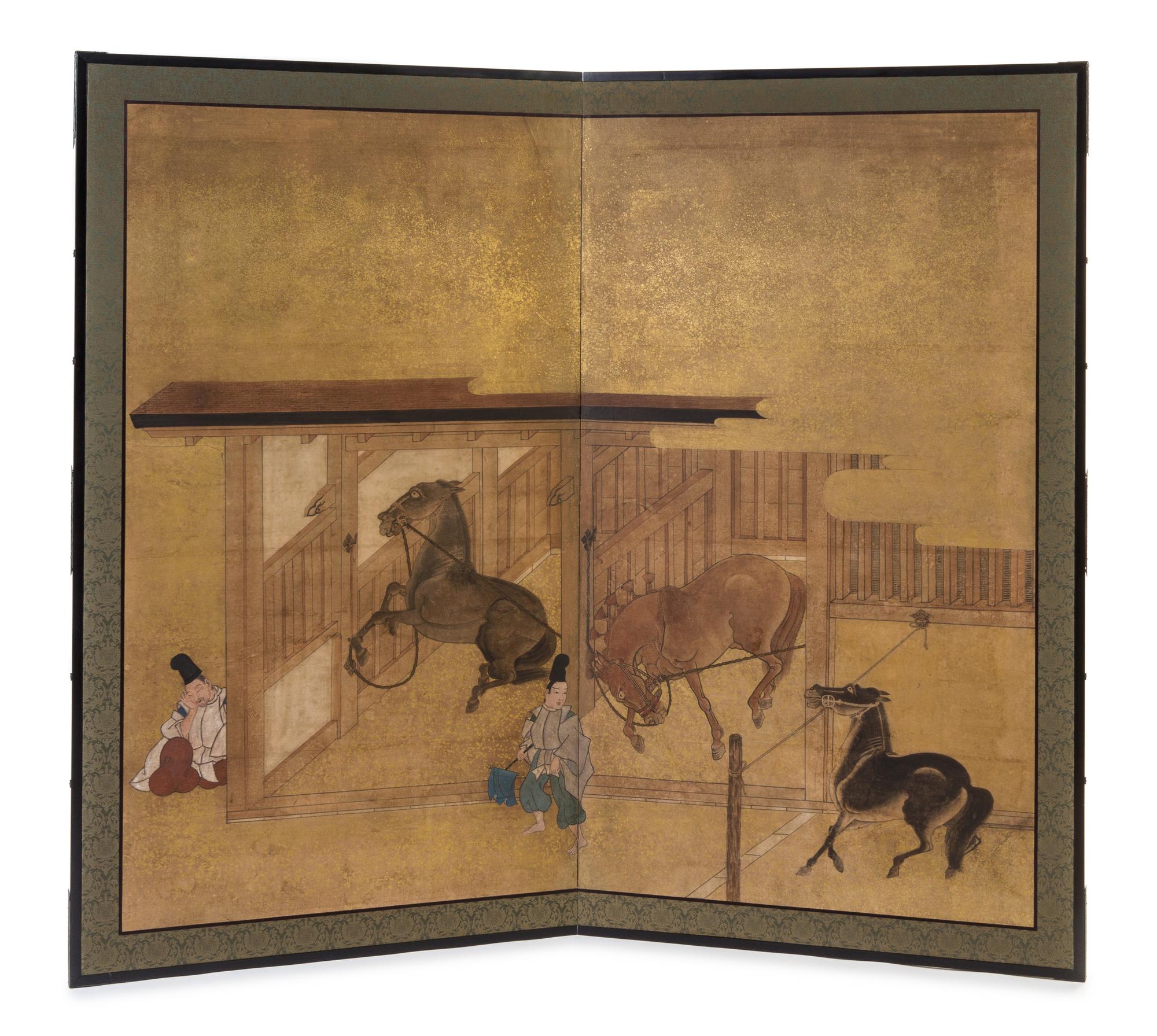 A Japanese Two-Panel Screen each panel 65 1/2 x 37 1/2 inches.