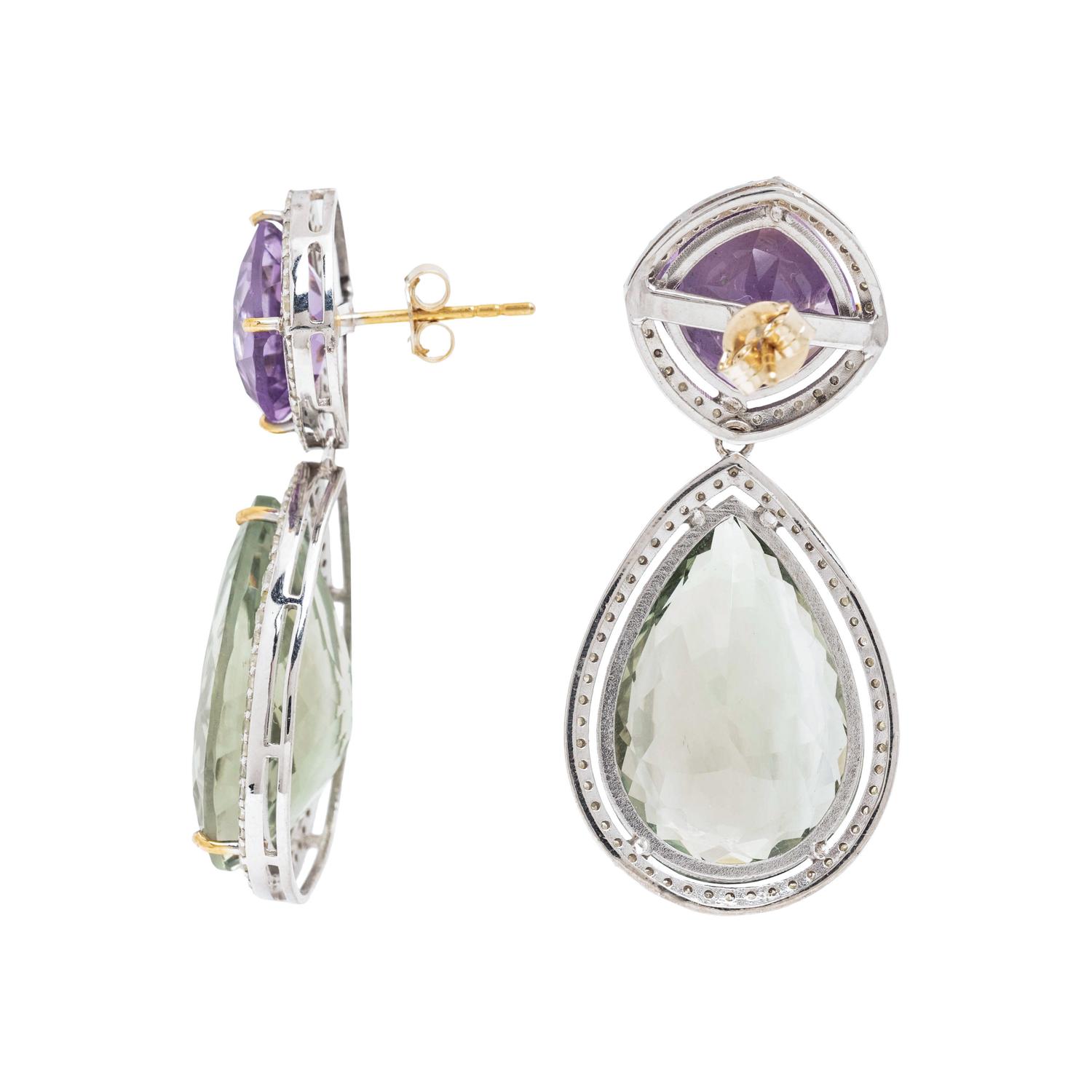 AMETHYST, PRASIOLITE AND DIAMOND EARRINGS