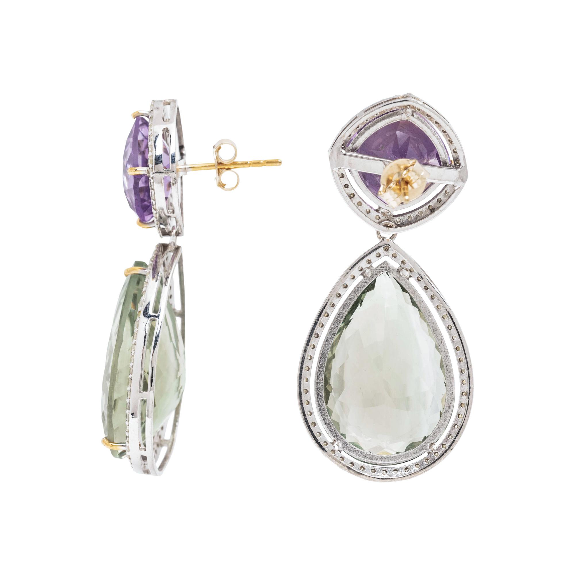 AMETHYST, PRASIOLITE AND DIAMOND EARRINGS