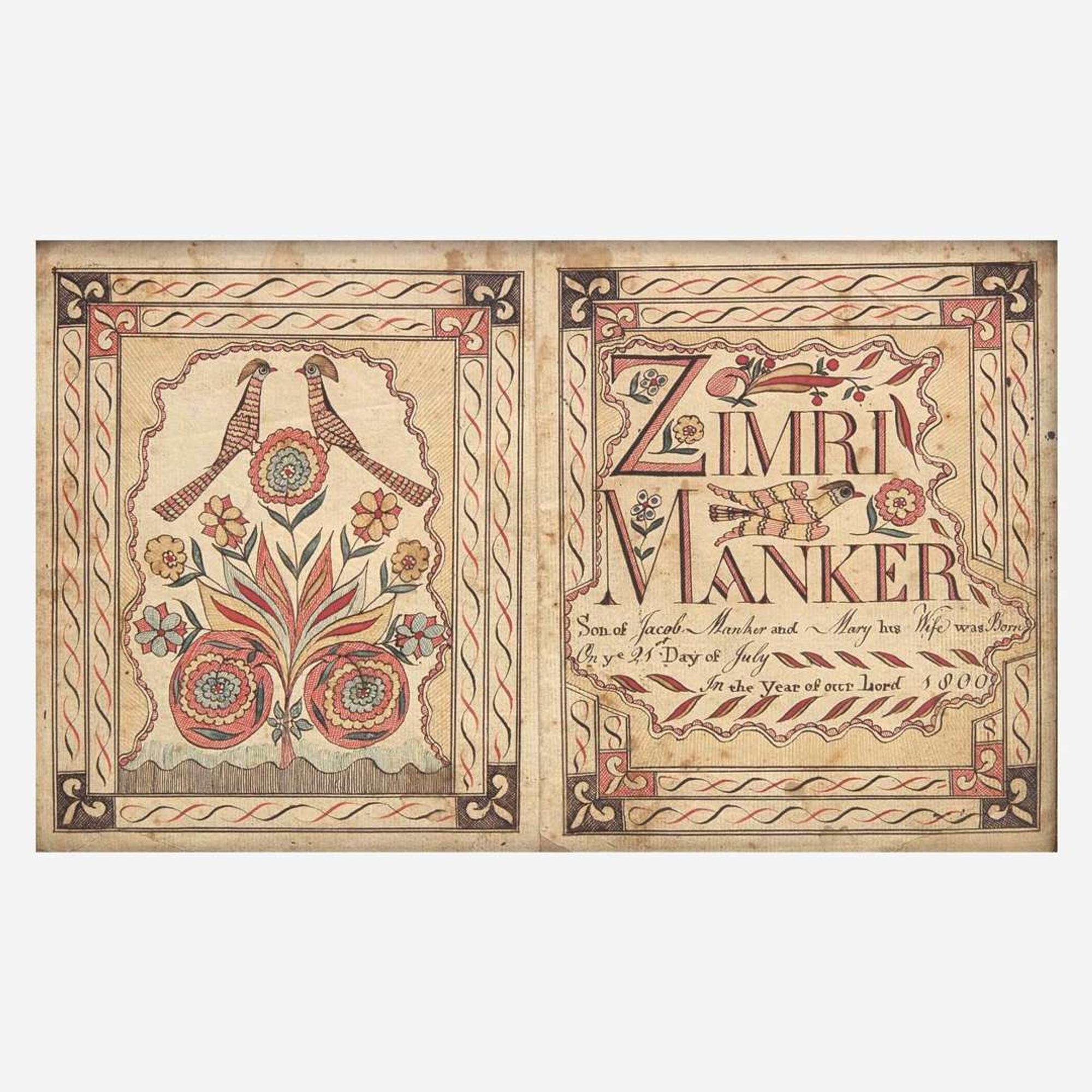 A Fraktur for Zimri Manker (1800-1882) The Virginia Record Book Artist (active 1795-1825), probably Berkeley County, West Virginia