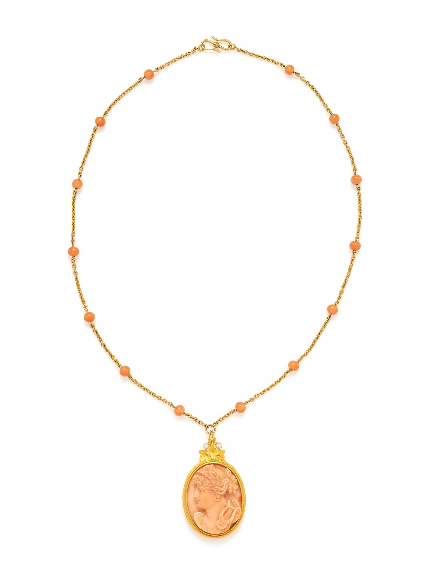 YELLOW GOLD AND CORAL CAMEO PENDANT/NECKLACE