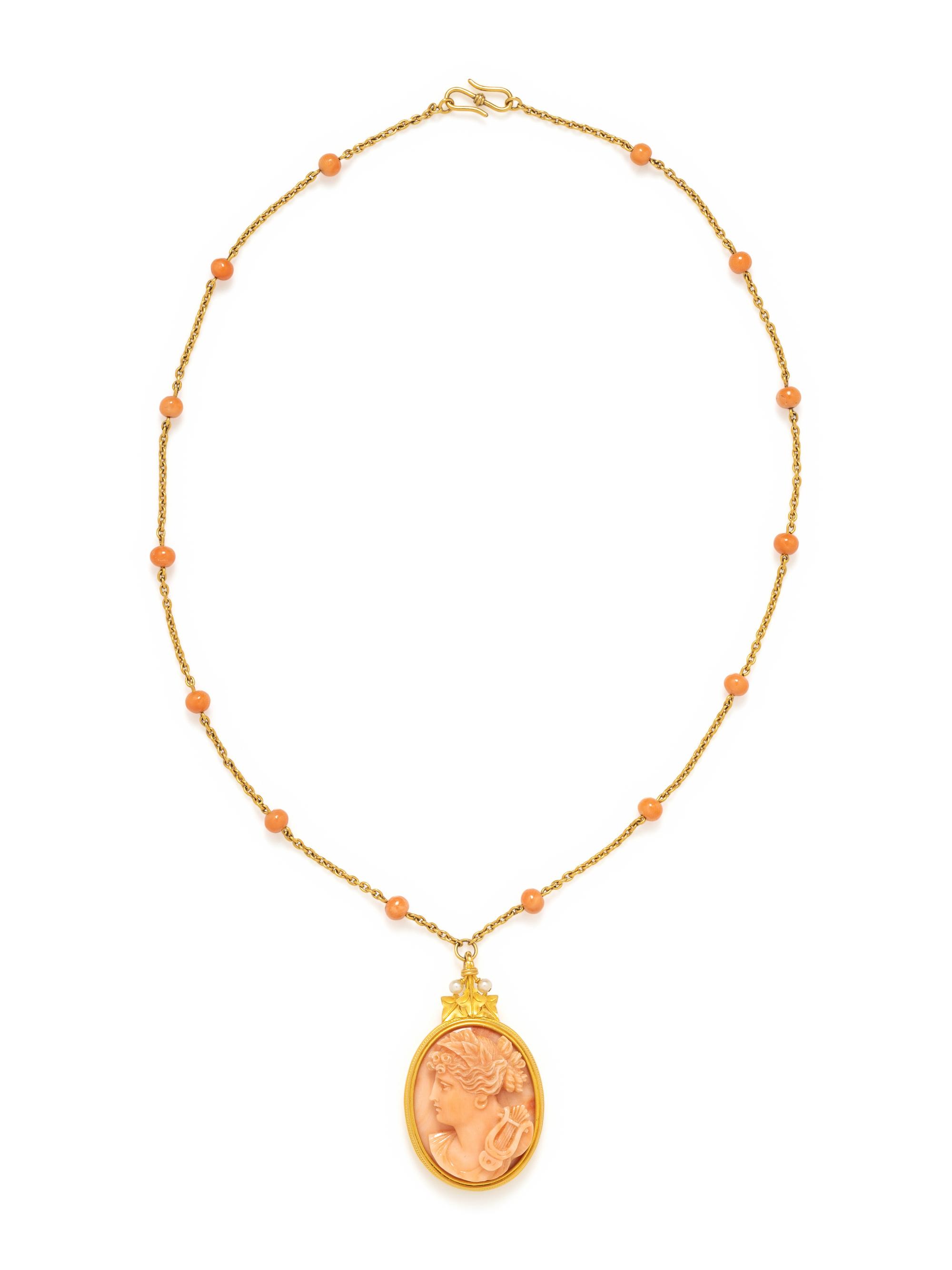 YELLOW GOLD AND CORAL CAMEO PENDANT/NECKLACE