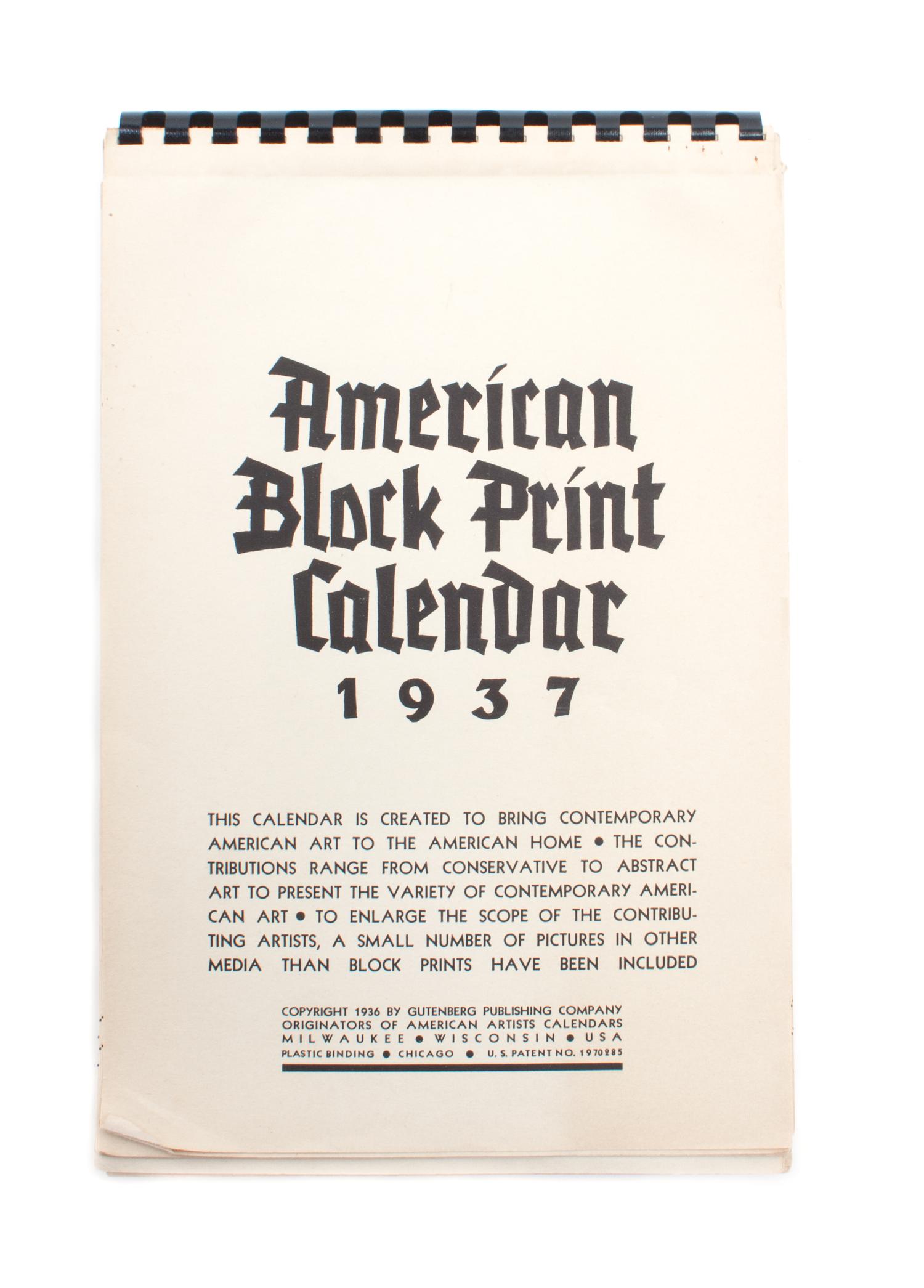 An American Block Print Calendar, 1937, 11 x 7 1/4 inches.