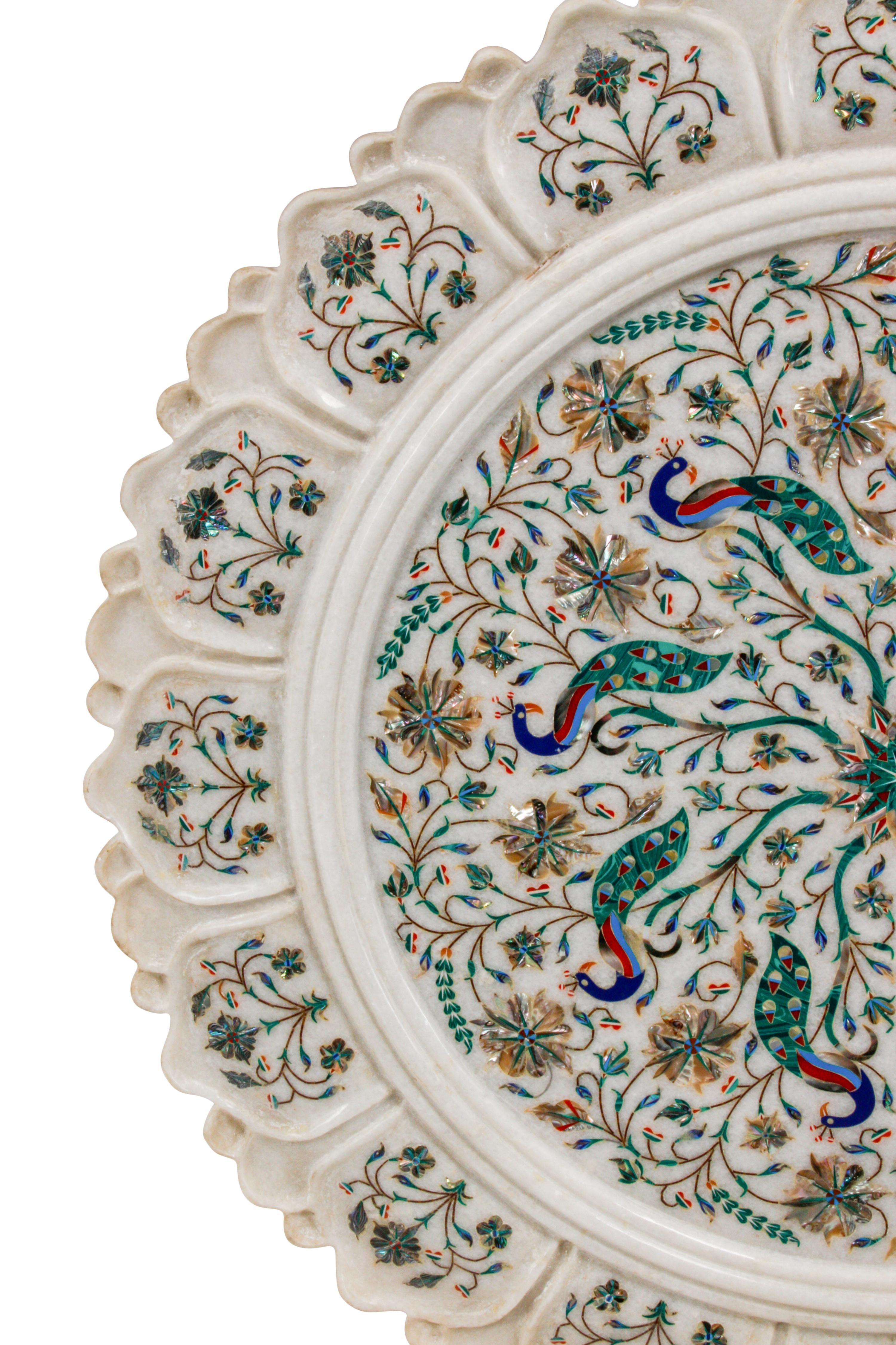 An Indian Carved Marble and Semiprecious Stone-Inlaid Plaque