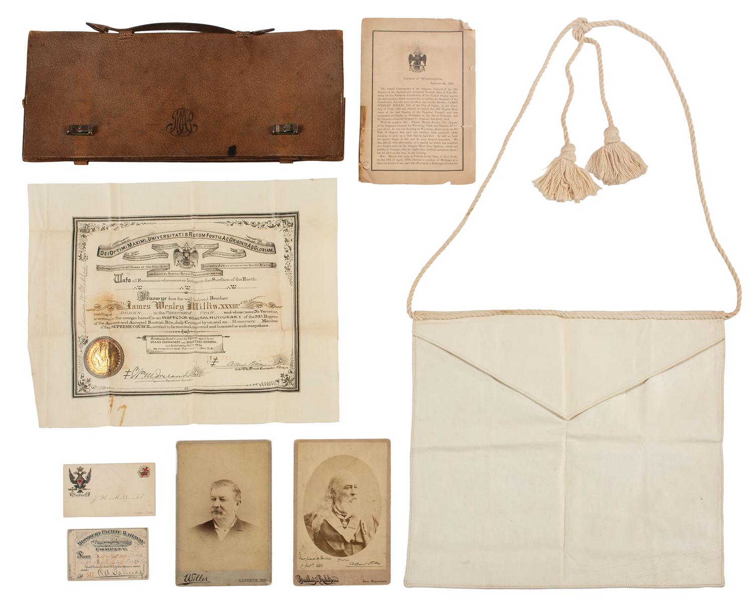 [CIVIL WAR] -- [FRATERNAL ORGANIZATIONS]. Masonic items associated with Confederate General Albert Pike (1809-1891) and 33rd Degree Mason James W. Millis of Ogden, Territory of Utah.