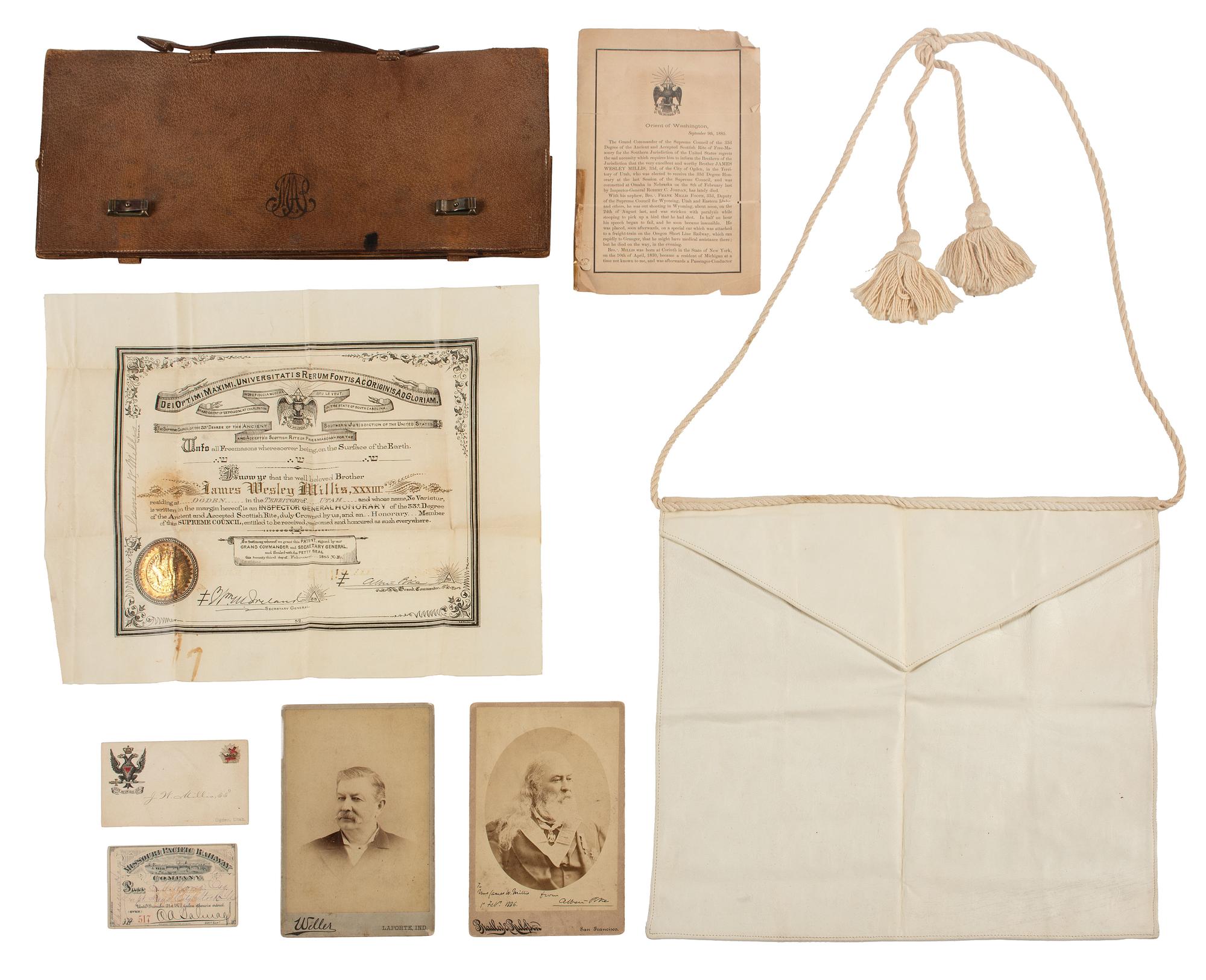 [CIVIL WAR] -- [FRATERNAL ORGANIZATIONS]. Masonic items associated with Confederate General Albert Pike (1809-1891) and 33rd Degree Mason James W. Millis of Ogden, Territory of Utah.