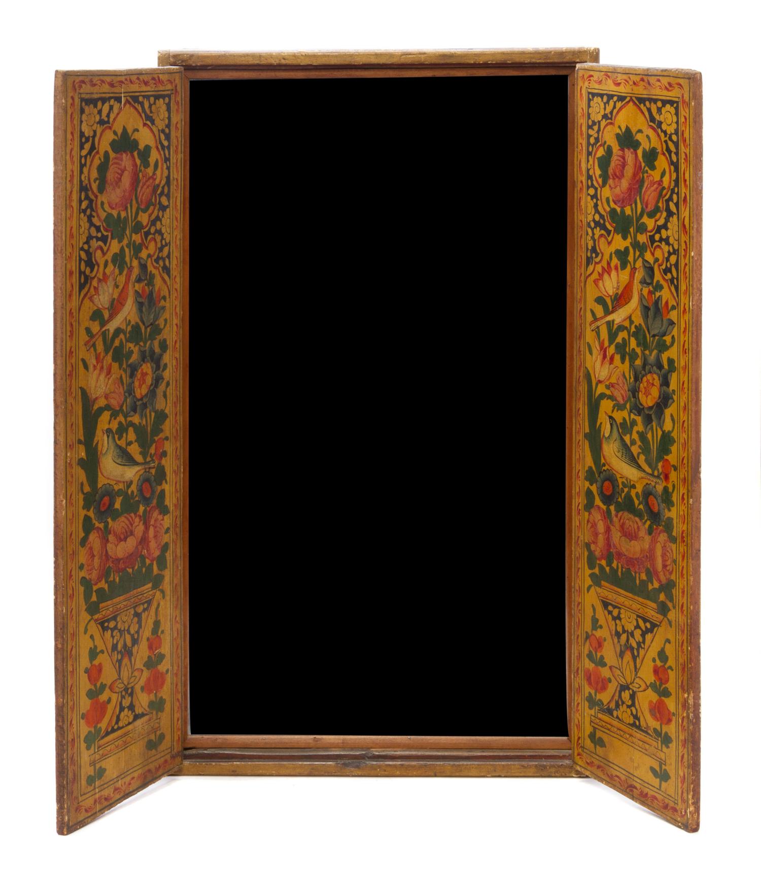A Persian Painted Wedding Mirror, 19TH CENTURY, Height 30 3/4 x width 18 1/2 inches. — 19TH CENTURY,