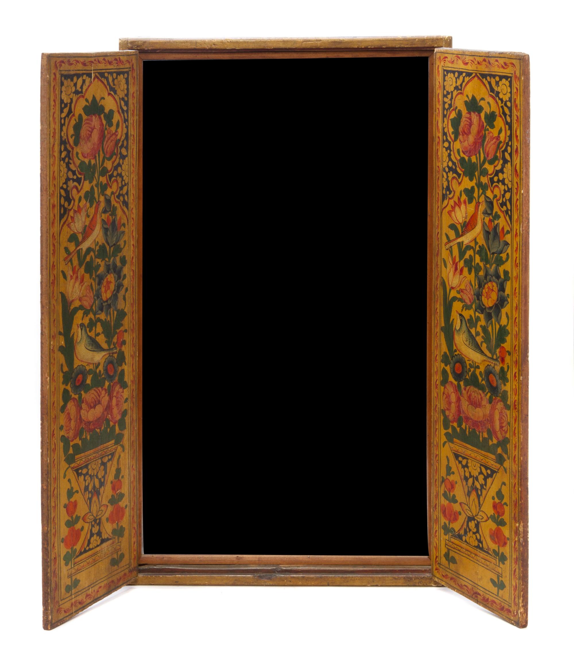A Persian Painted Wedding Mirror, 19TH CENTURY, Height 30 3/4 x width 18 1/2 inches. — 19TH CENTURY,
