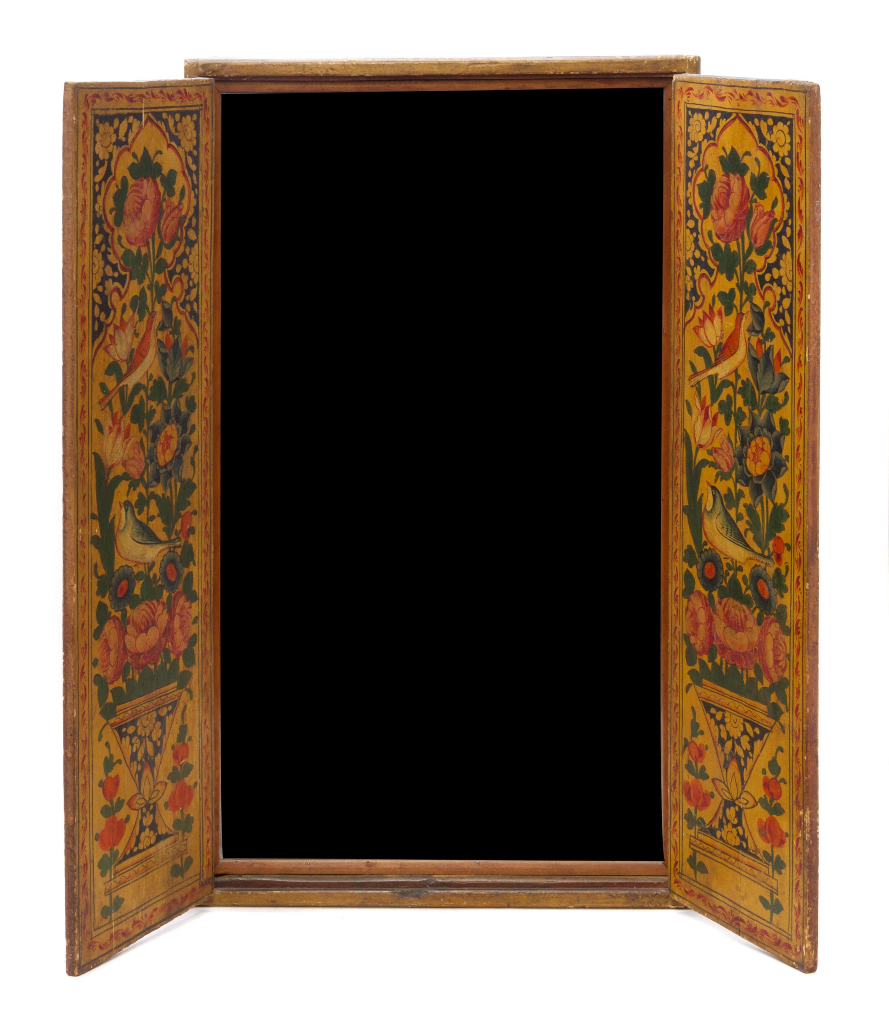 A Persian Painted Wedding Mirror, 19TH CENTURY, Height 30 3/4 x width 18 1/2 inches. — 19TH CENTURY,