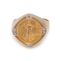 YELLOW GOLD, COIN AND DIAMOND RING
