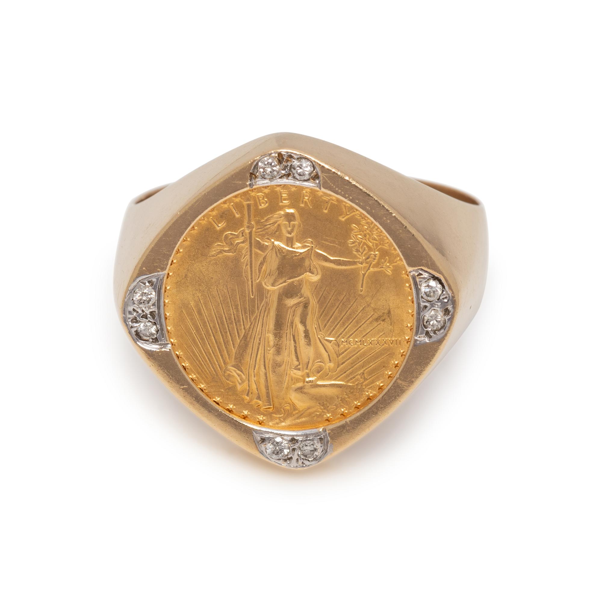 YELLOW GOLD, COIN AND DIAMOND RING