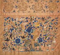 A Chinese Light Apricot Ground Embroidered Silk Table Frontal, Late Qing Dynasty — 清晚期 杏子地綉鳳穿牡丹桌圍鏡框