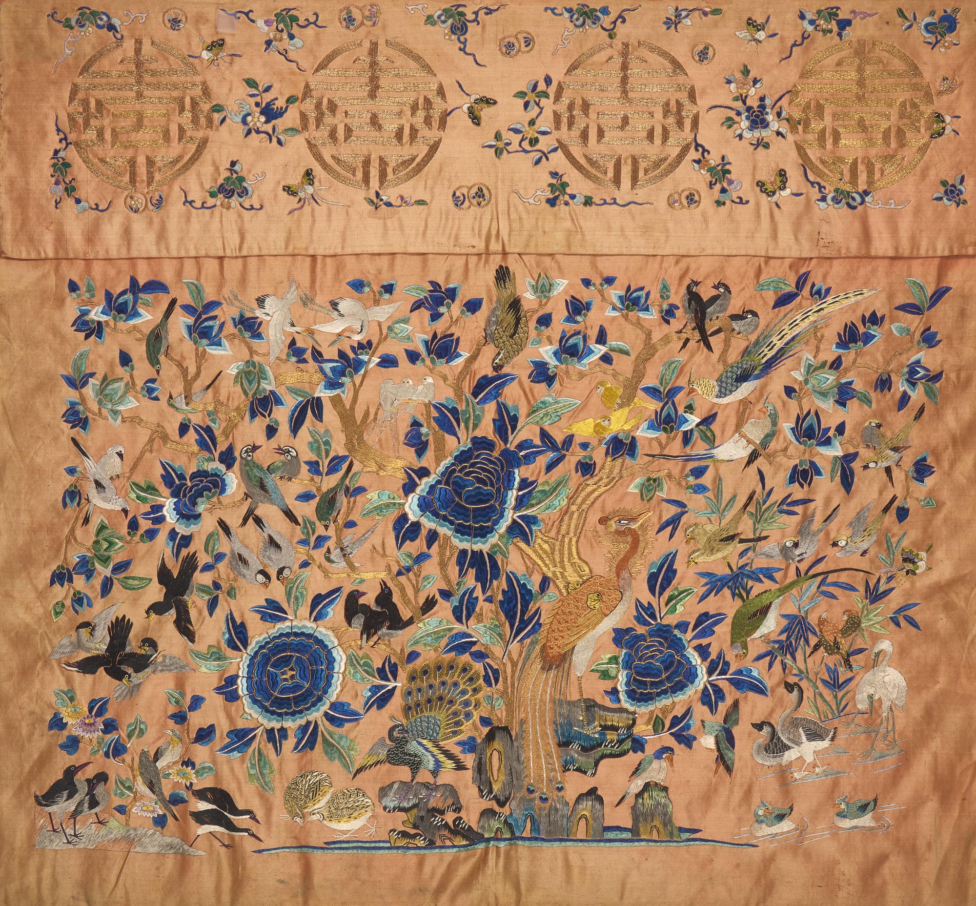 A Chinese Light Apricot Ground Embroidered Silk Table Frontal, Late Qing Dynasty — 清晚期 杏子地綉鳳穿牡丹桌圍鏡框