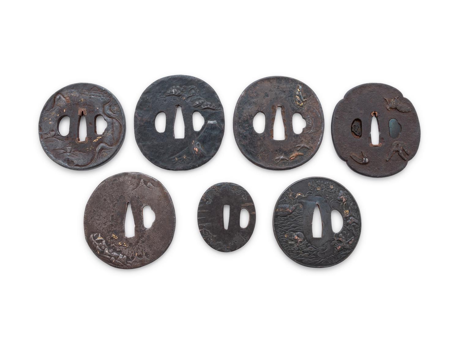 Seven Inlaid Cast Iron Tsuba