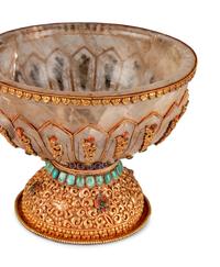A Large Tibetan Style Jeweled Filigree-Mounted Rock Crystal Bowl and Cover