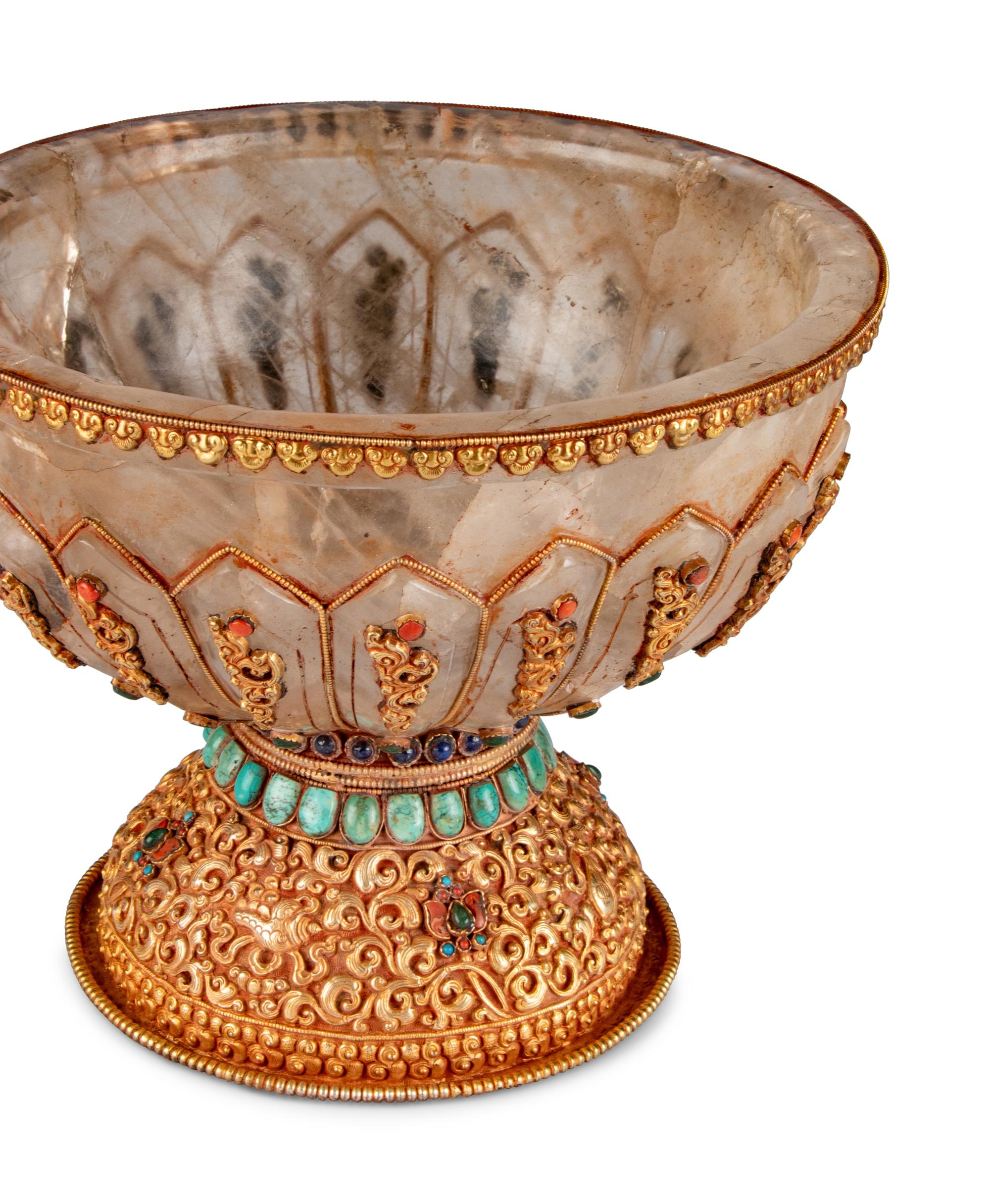 A Large Tibetan Style Jeweled Filigree-Mounted Rock Crystal Bowl and Cover