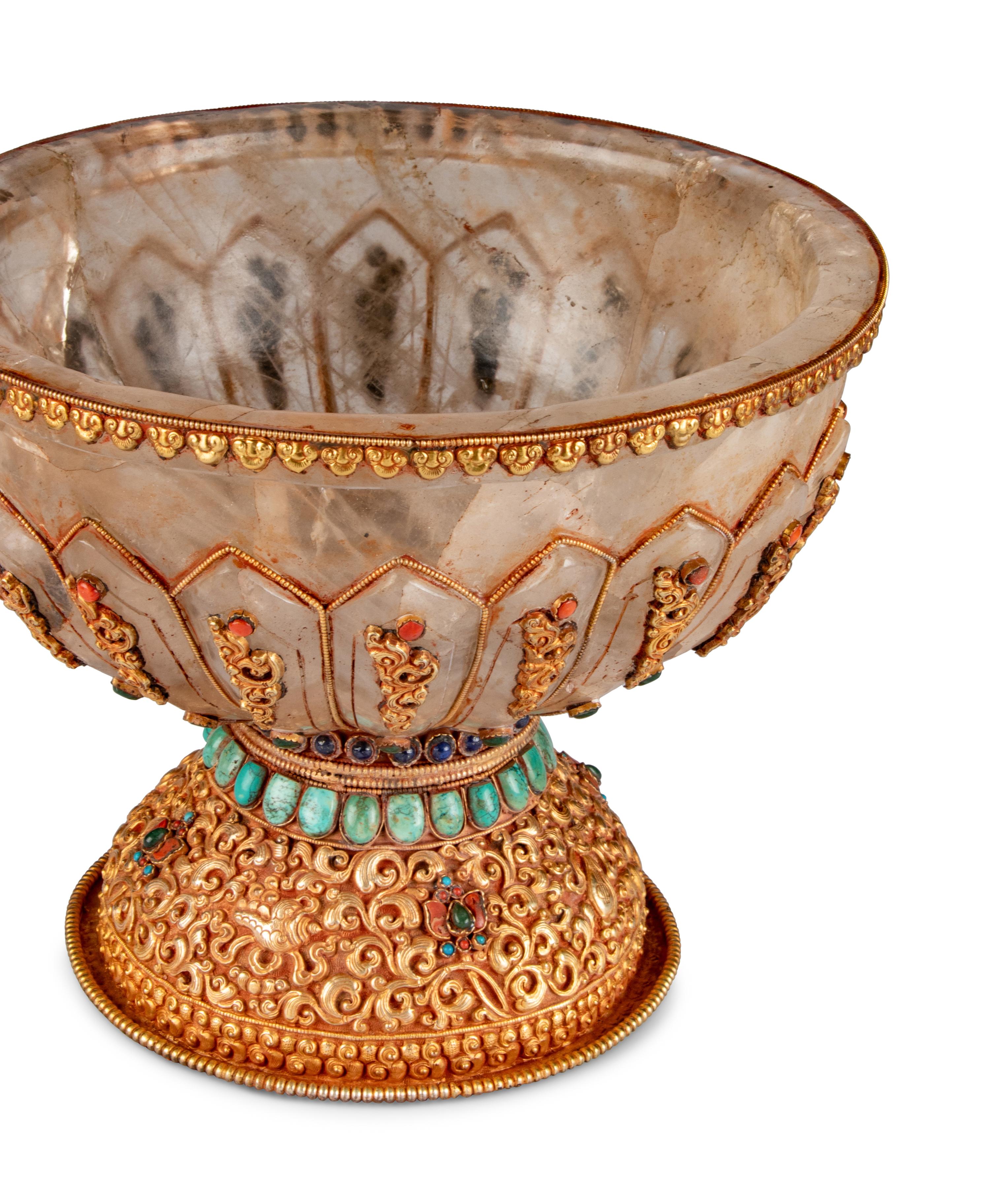 A Large Tibetan Style Jeweled Filigree-Mounted Rock Crystal Bowl and Cover