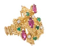 A Yellow Gold, Ruby, Emerald and Diamond Ring, 10.20 dwts.