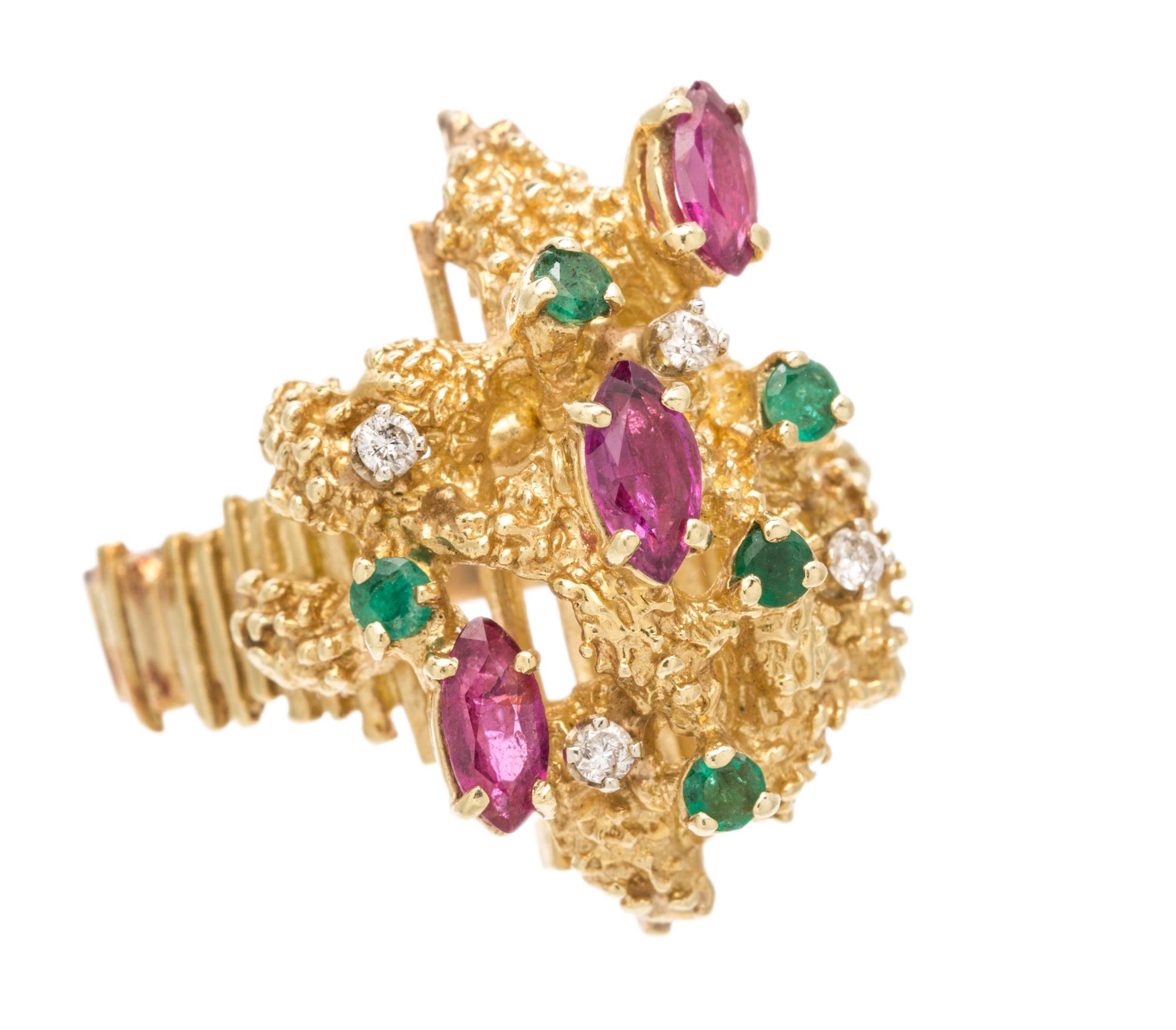 A Yellow Gold, Ruby, Emerald and Diamond Ring, 10.20 dwts.