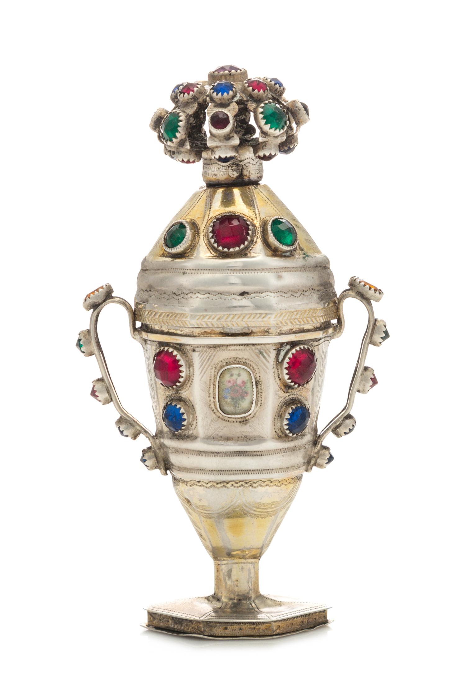 A Continental Silver and Jeweled Scent Flask, Maker's Mark Script DD, Likely German, 19th Century, the lid with a jeweled basket form f
