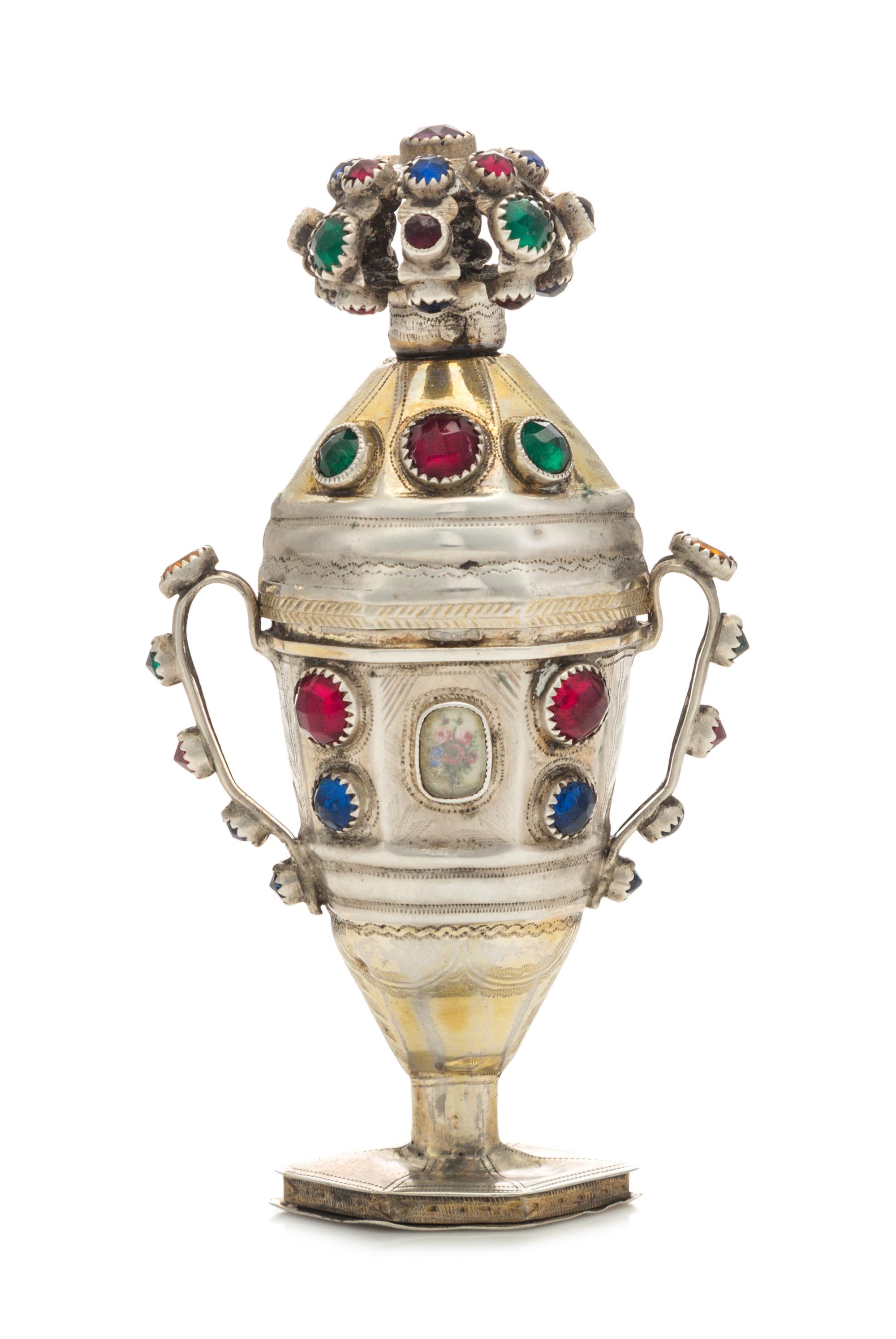 A Continental Silver and Jeweled Scent Flask, Maker's Mark Script DD, Likely German, 19th Century, the lid with a jeweled basket form f