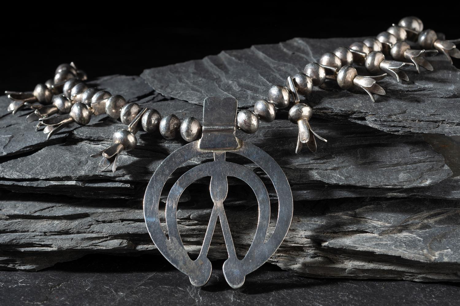 Navajo Silver and Turquoise Squash Blossom Necklace
