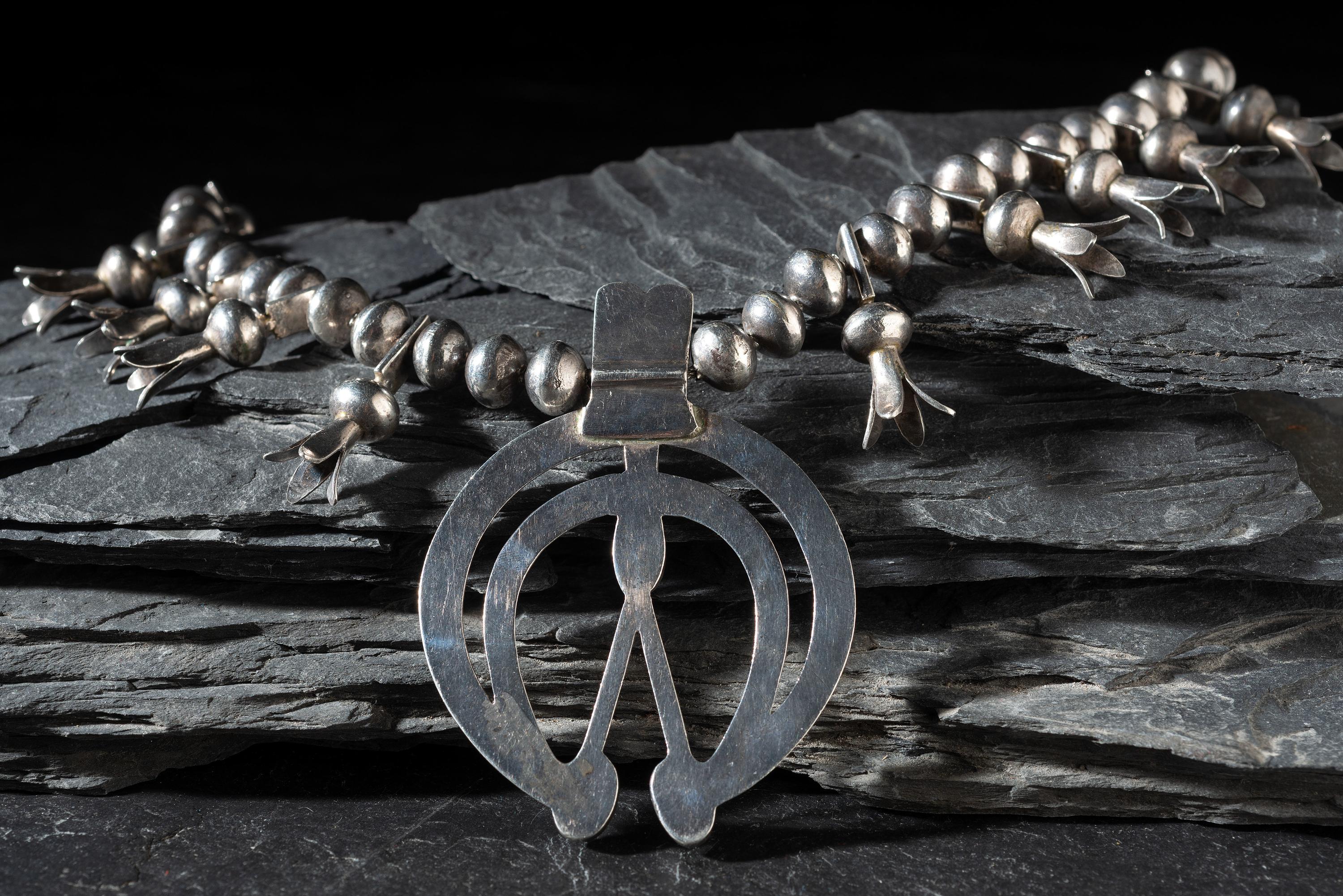 Navajo Silver and Turquoise Squash Blossom Necklace