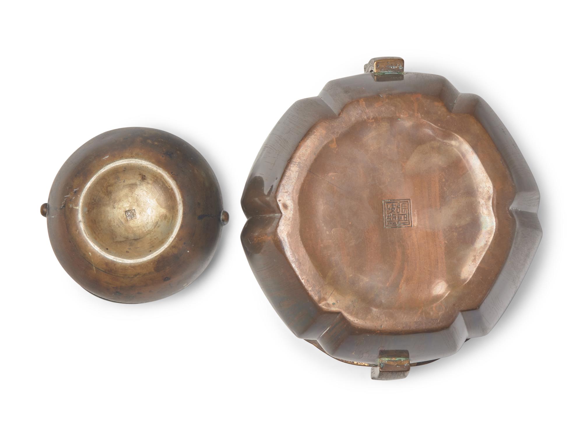 Two Chinese Copper Hand Warmers and A Small Bronze Mirror