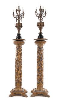 A Pair of Italian Baroque Style Carved and Giltwood Pedestals Height 79 1/2 inches (including later urn mount).