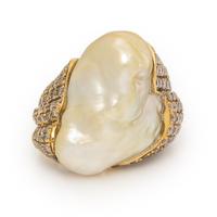 Yvel, Baroque Cultured Pearl, Colored Diamond, and Yellow Gold Ring