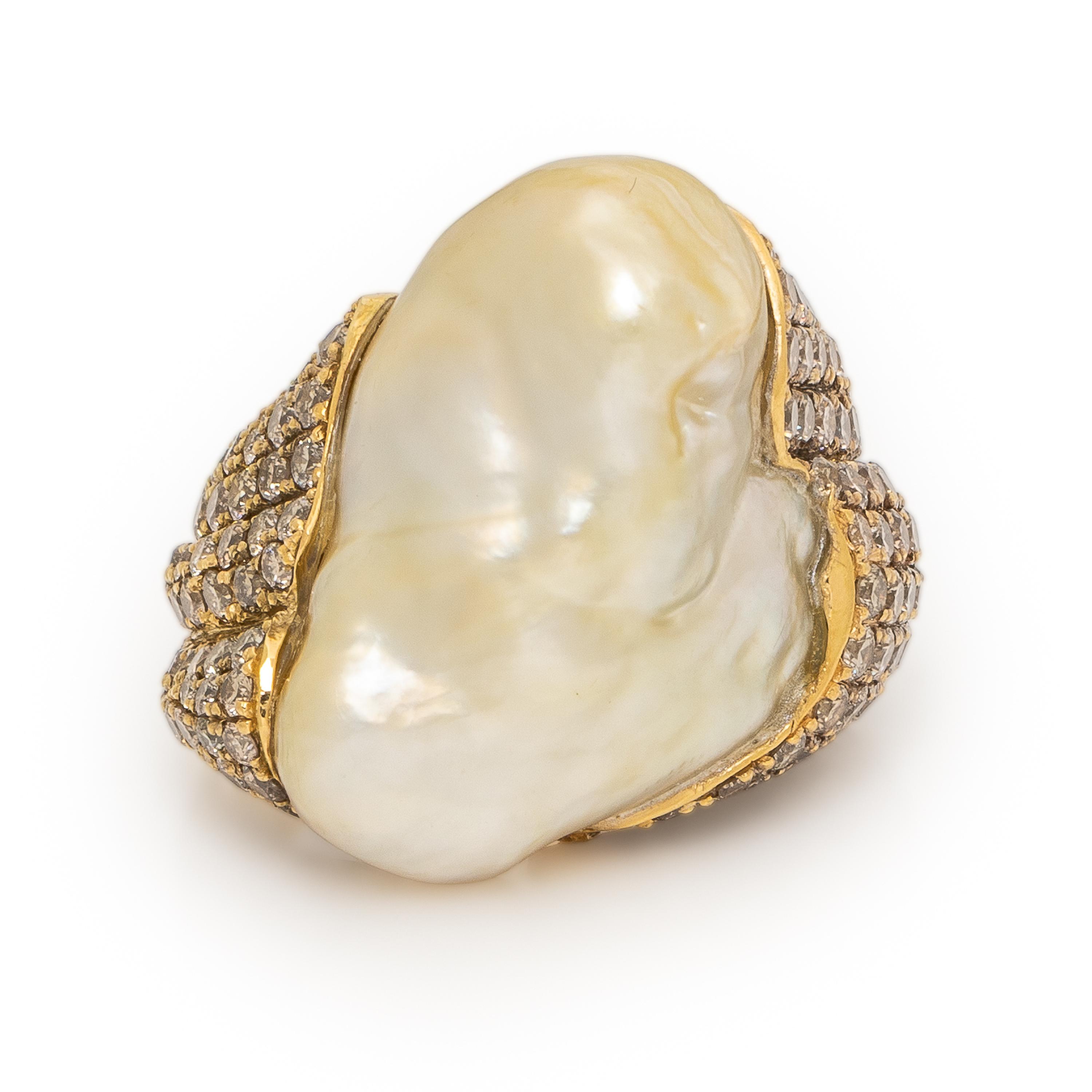 Yvel, Baroque Cultured Pearl, Colored Diamond, and Yellow Gold Ring